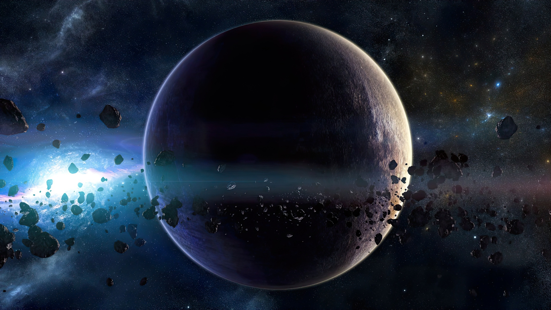 Большая планета с астероидами в космосе