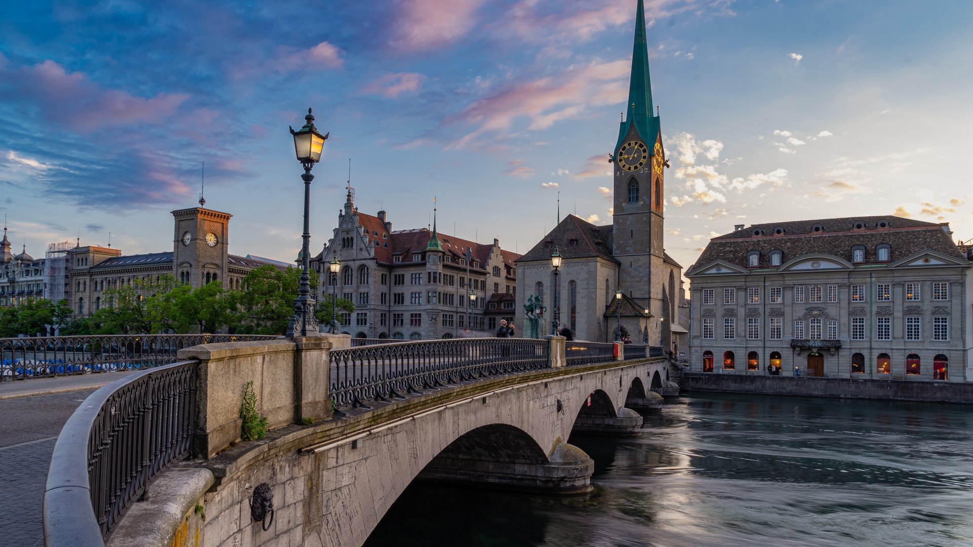 Beautiful buildings and a bridge over the river in the city of Zurich, Switzerland