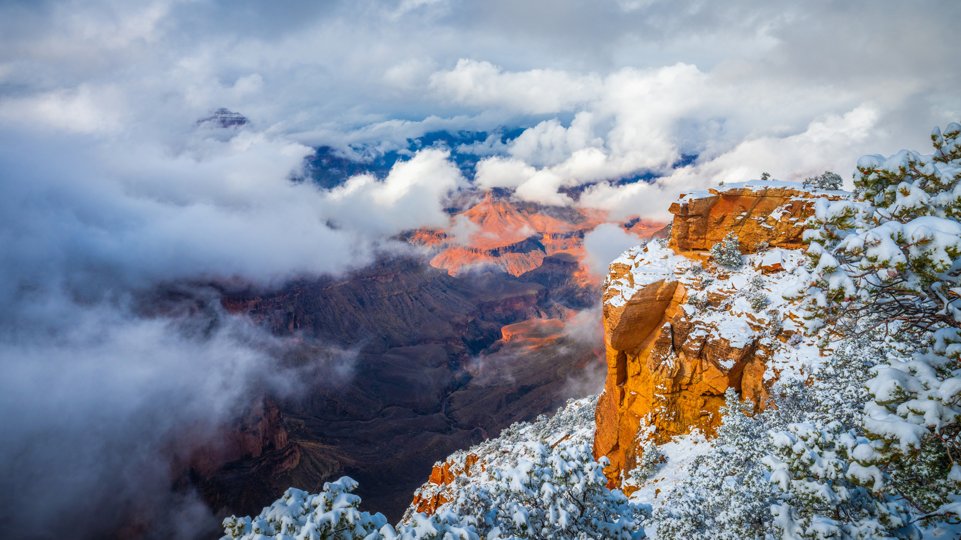 Вид на Гранд каньон под белыми облаками,США