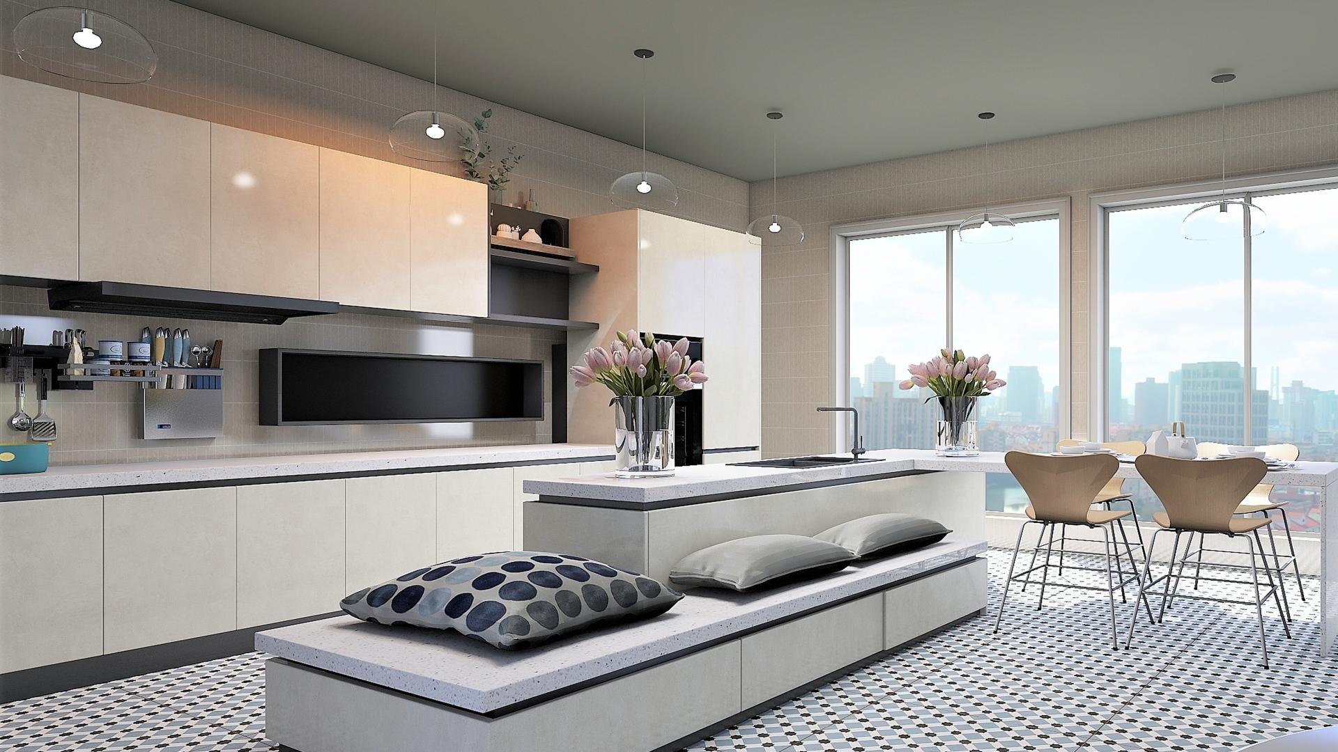 Красивая просторная кухня в сером цвете 