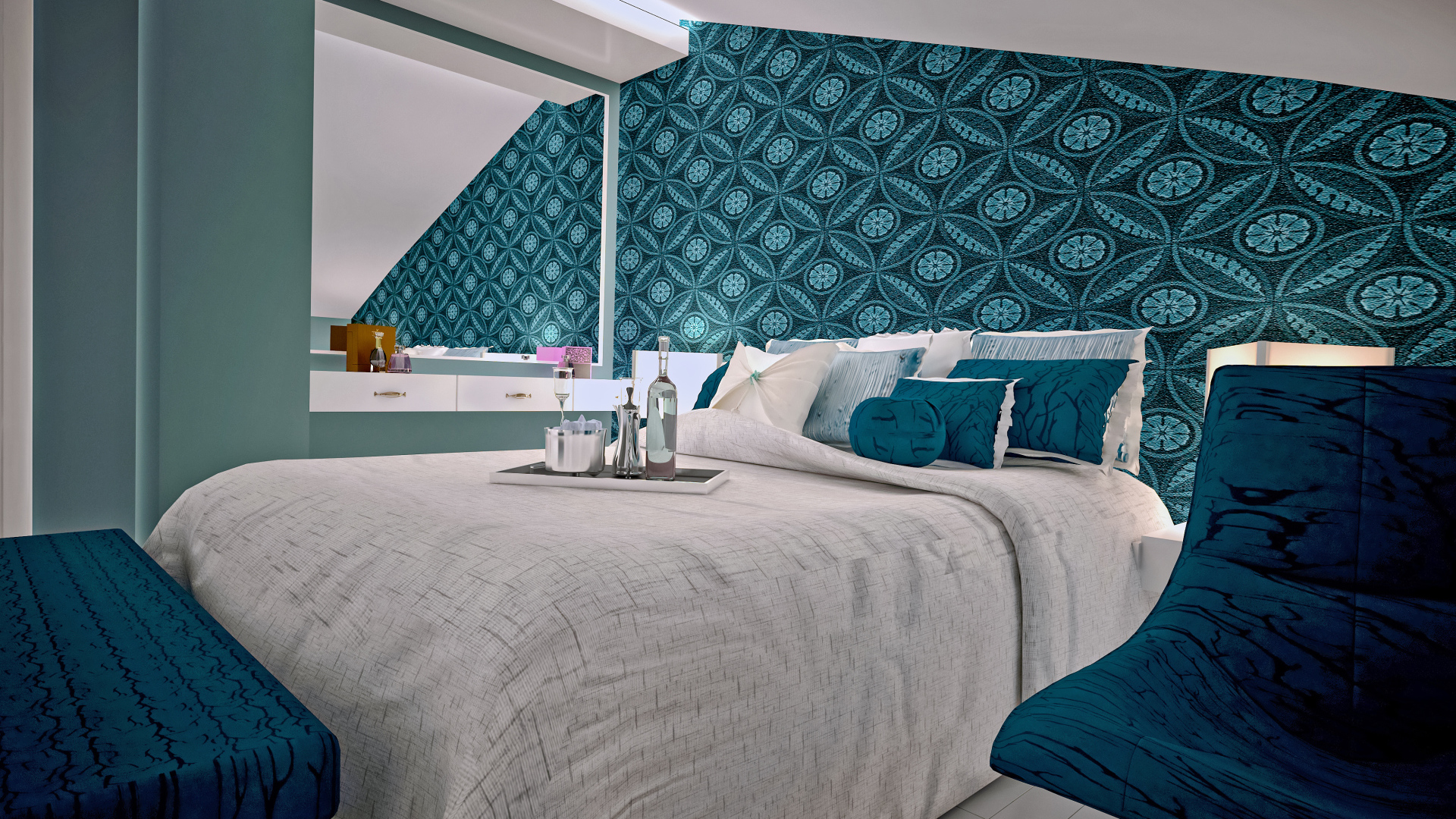 Спальня с большой серой кроватью и красивыми стенами