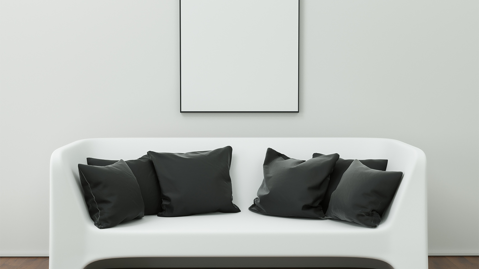 Большой белый диван с черными подушками в гостиной