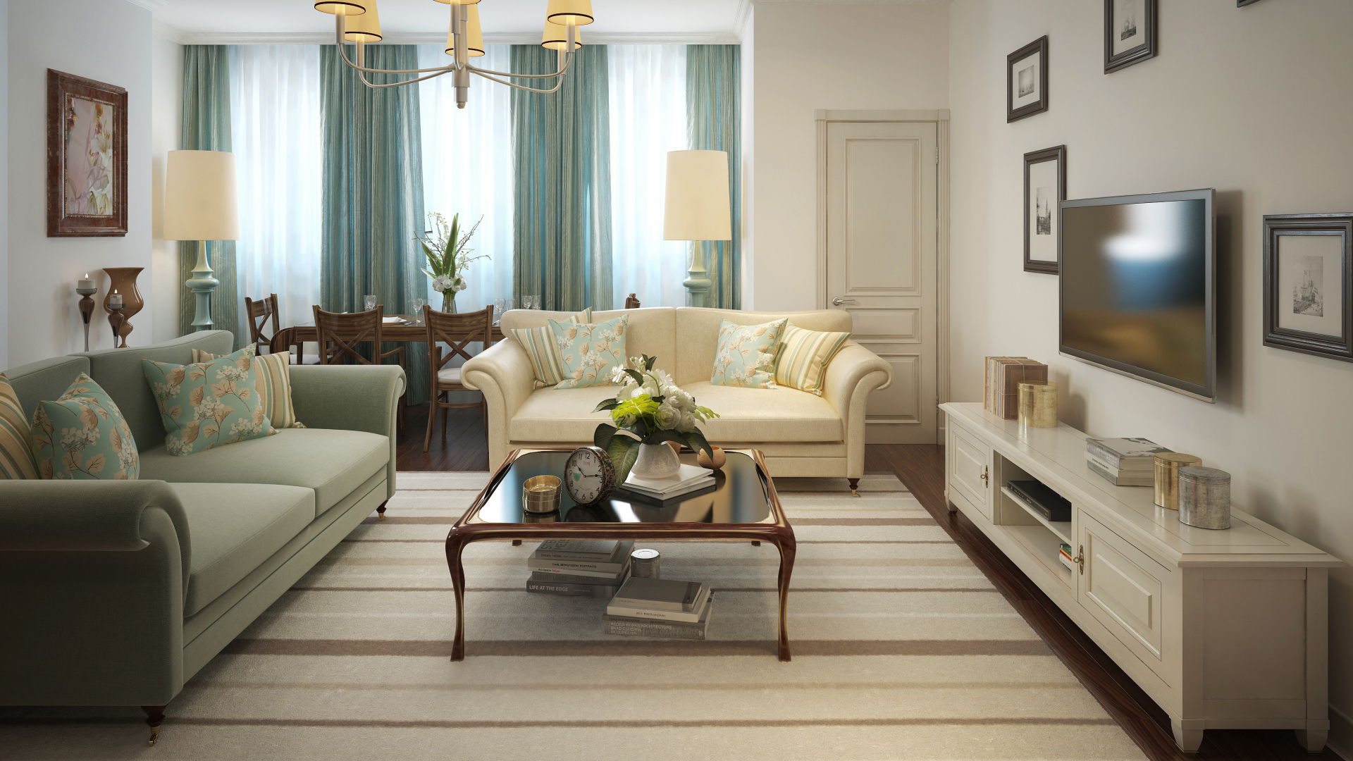 Гостиная комната с голубыми шторами на окне