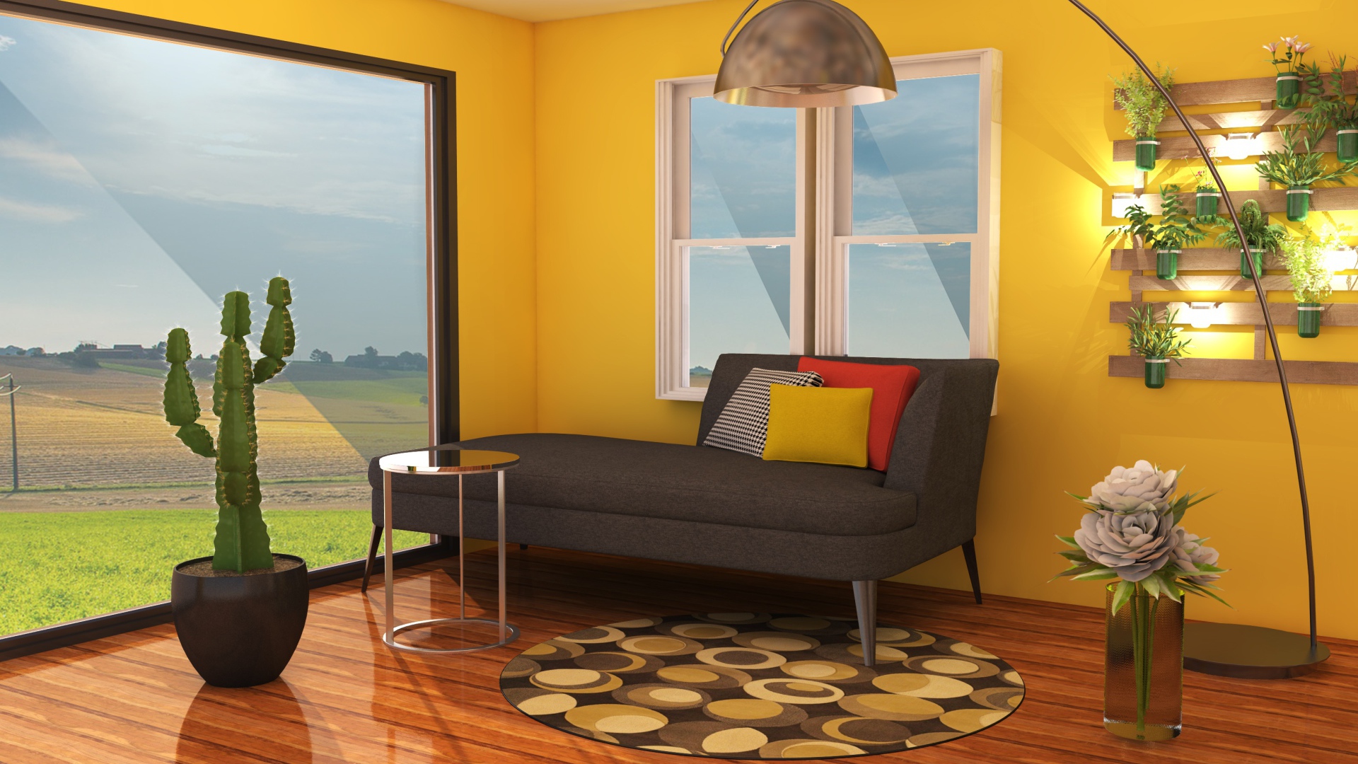 Гостиная комната с диваном, желтыми стенами и большим окном