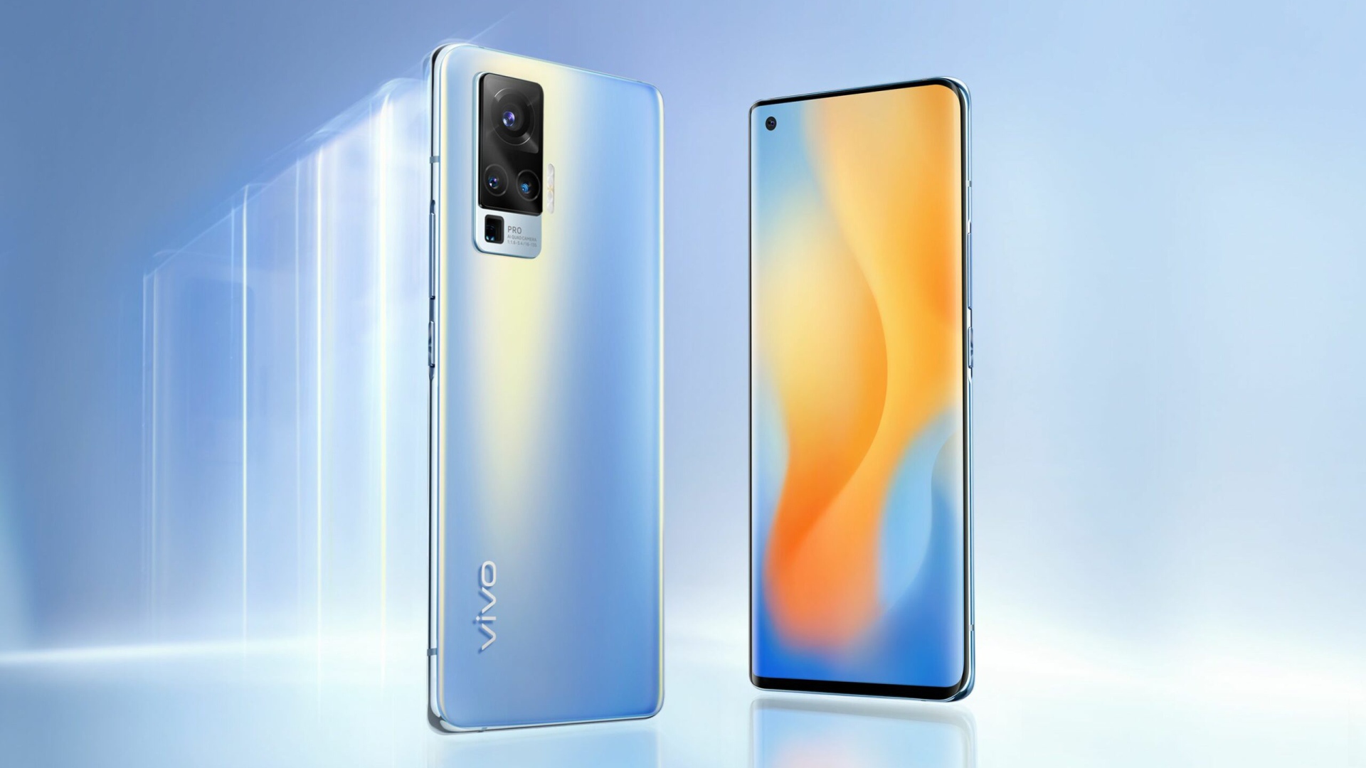 Новый стильный смартфон Vivo X60 на голубом фоне