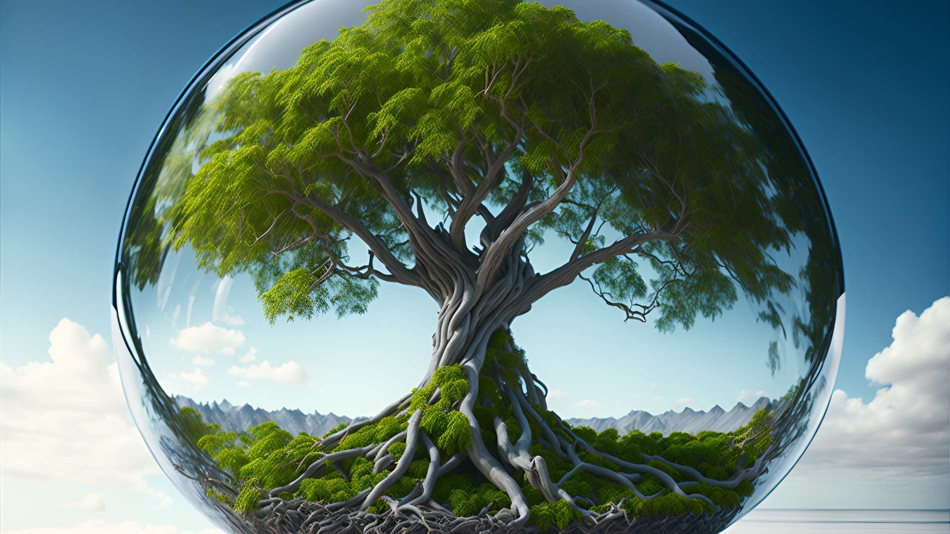 Зеленое дерево в капле воды на фоне неба