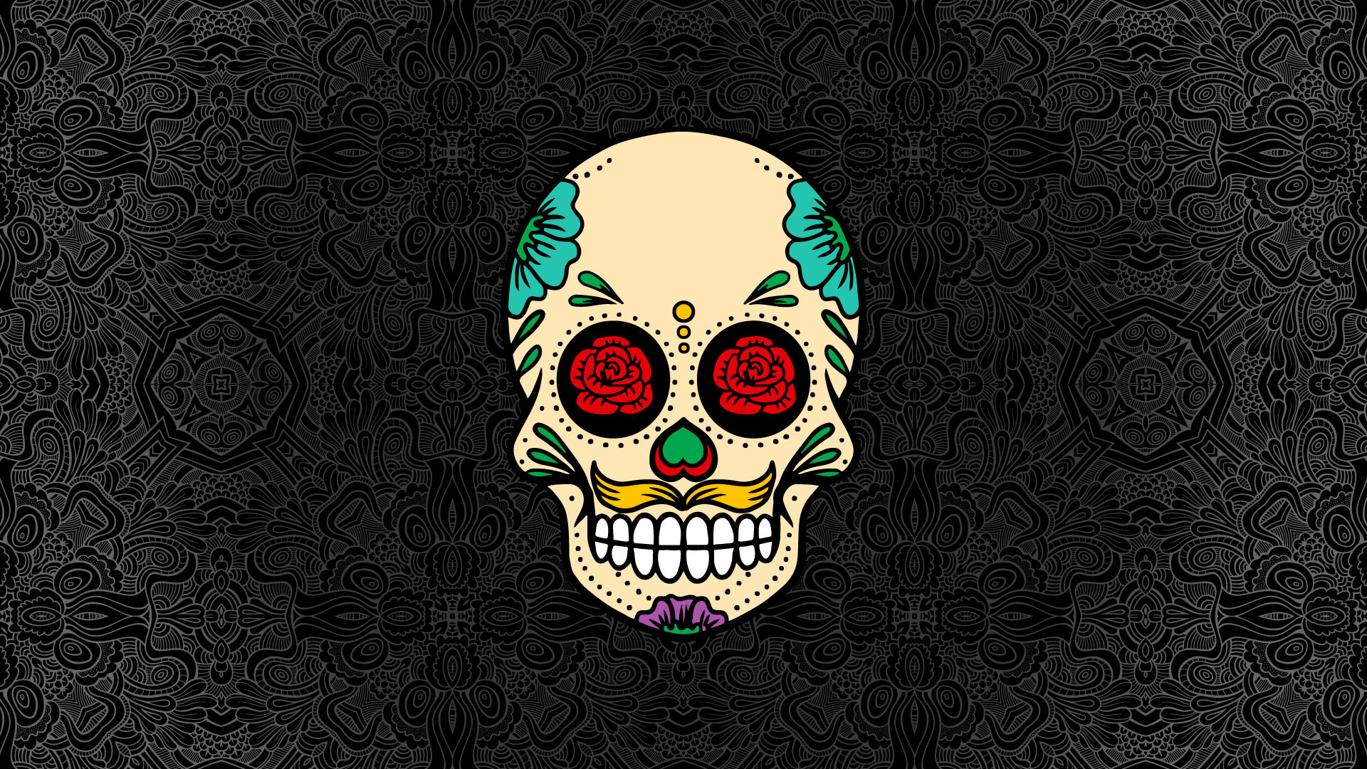 Нарисованный череп на сером фоне с узорами