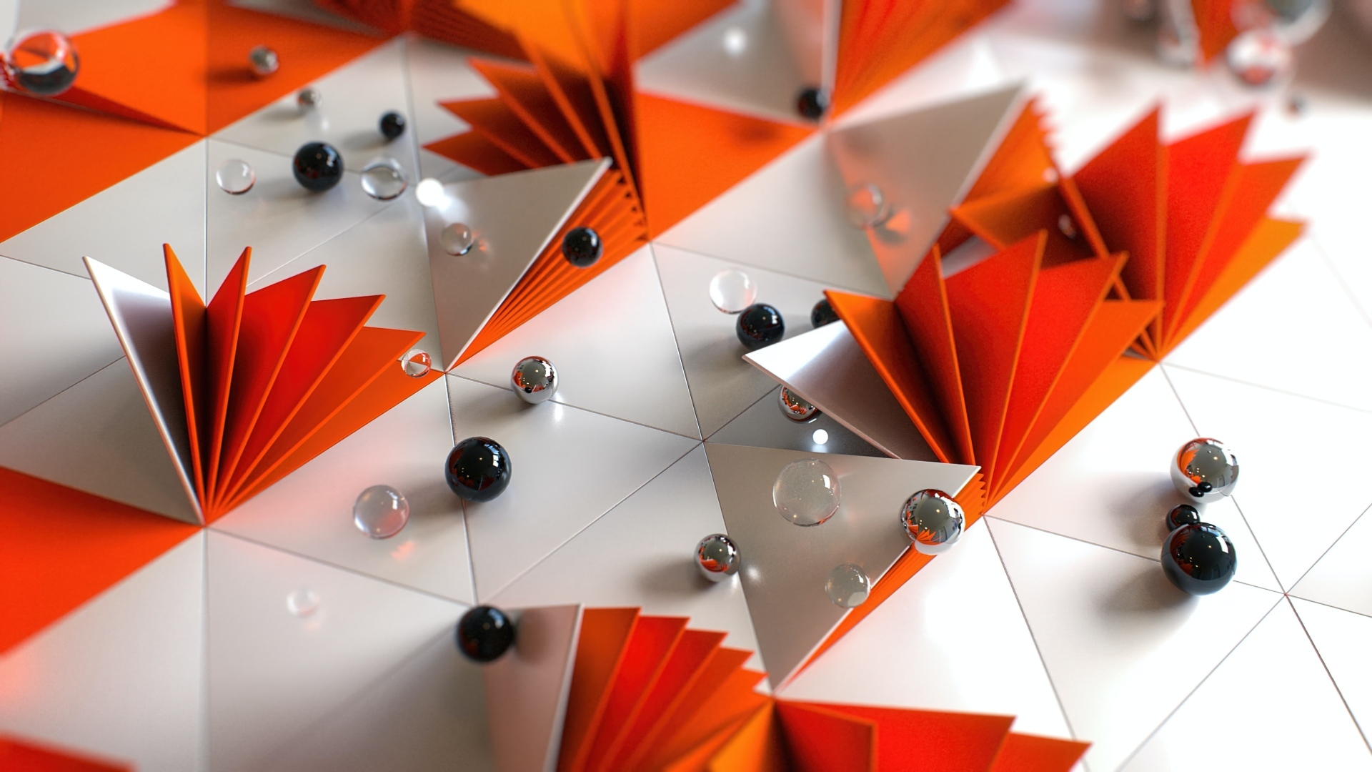 Белые и оранжевые треугольники с шариками 3д графика