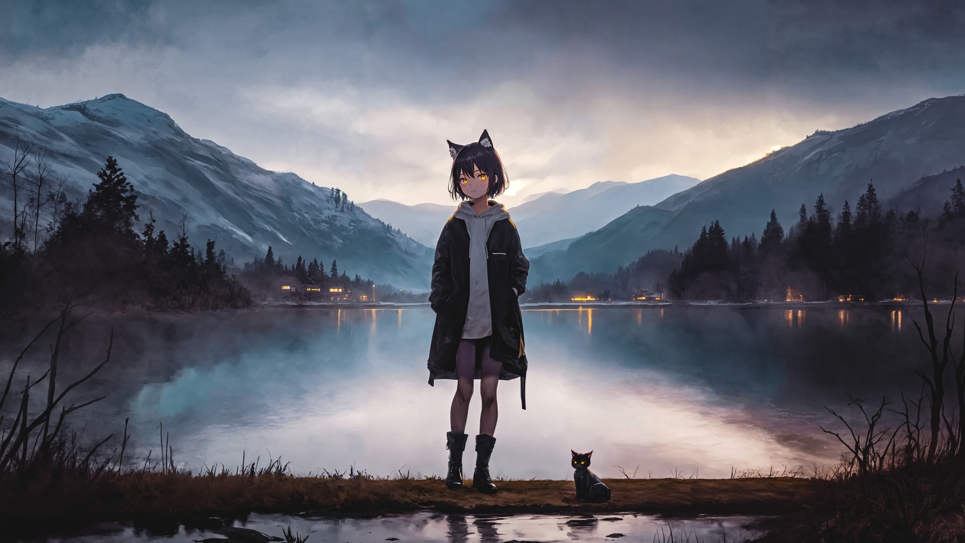 Девочка аниме у воды с котенком