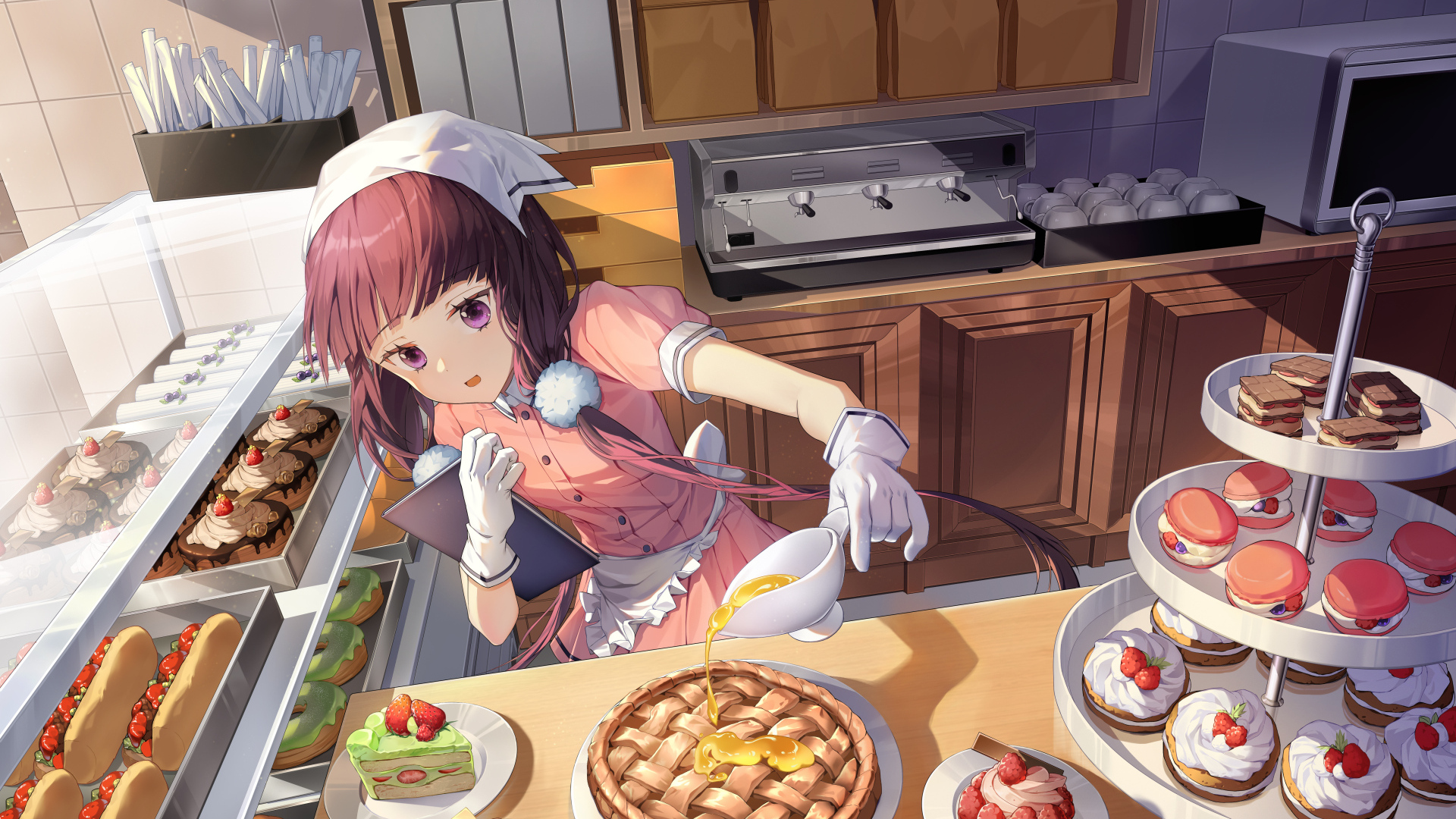 Девушка аниме готовит сладости на кухне