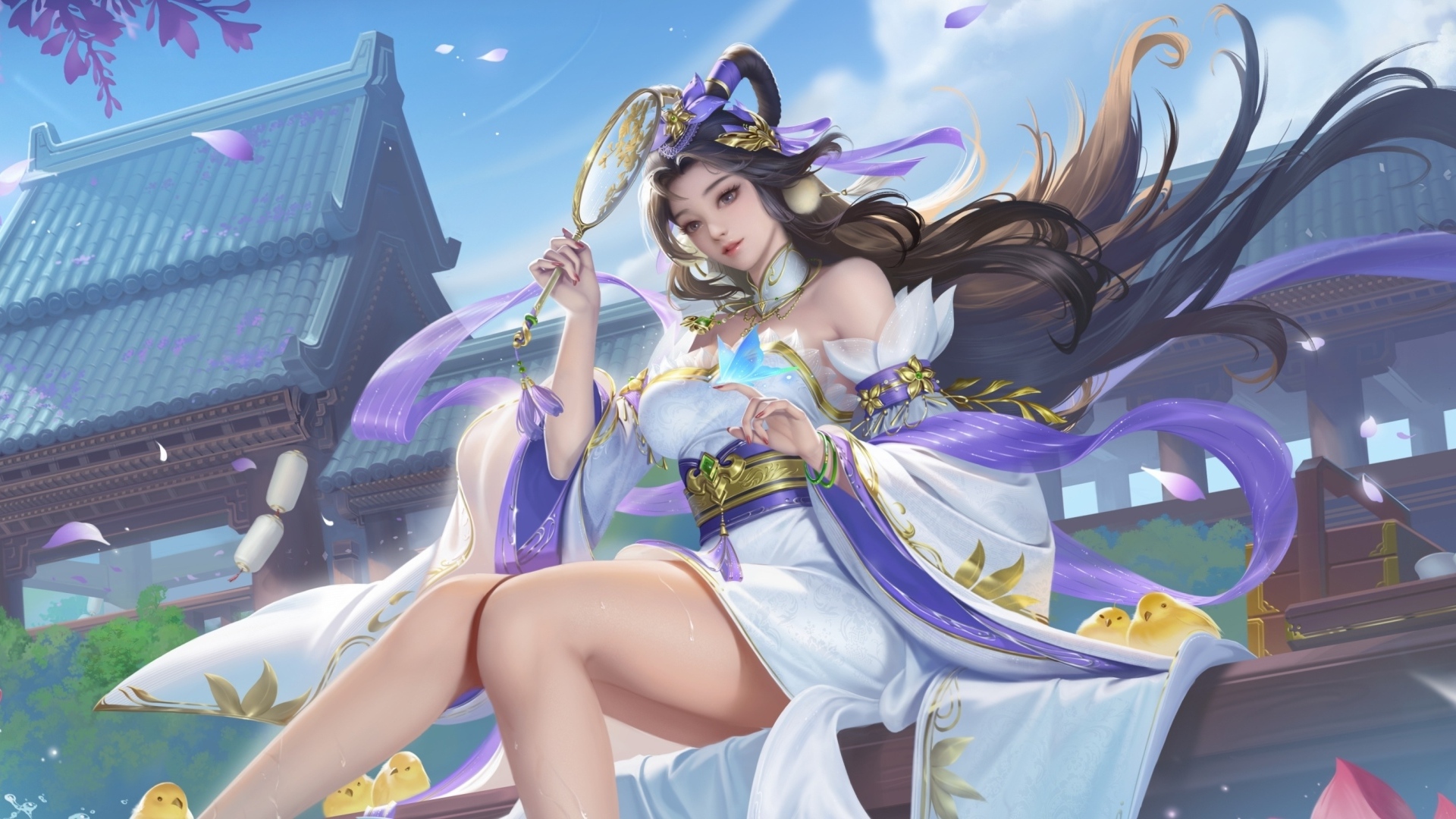 Девушка аниме в красивом платье с зеркалом