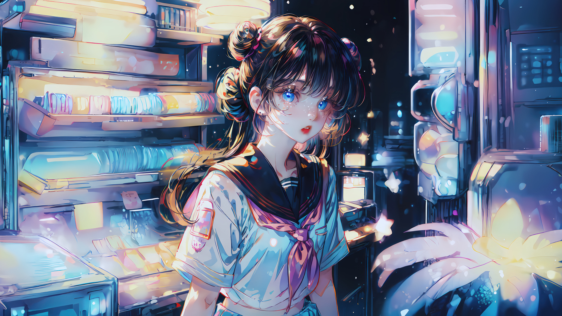 Девушка аниме с голубыми глазами в магазине