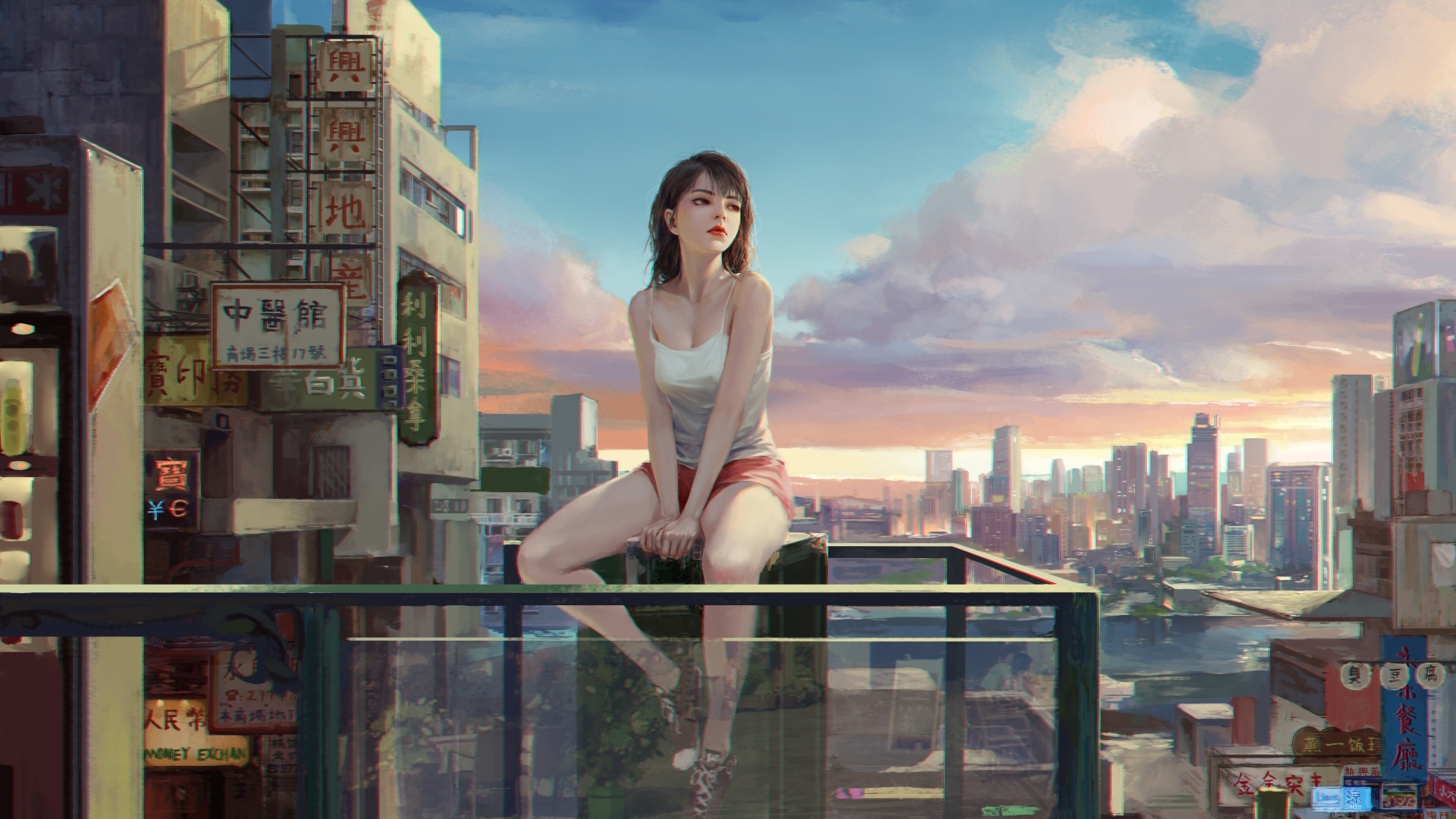 Грустная девушка аниме сидит на балконе