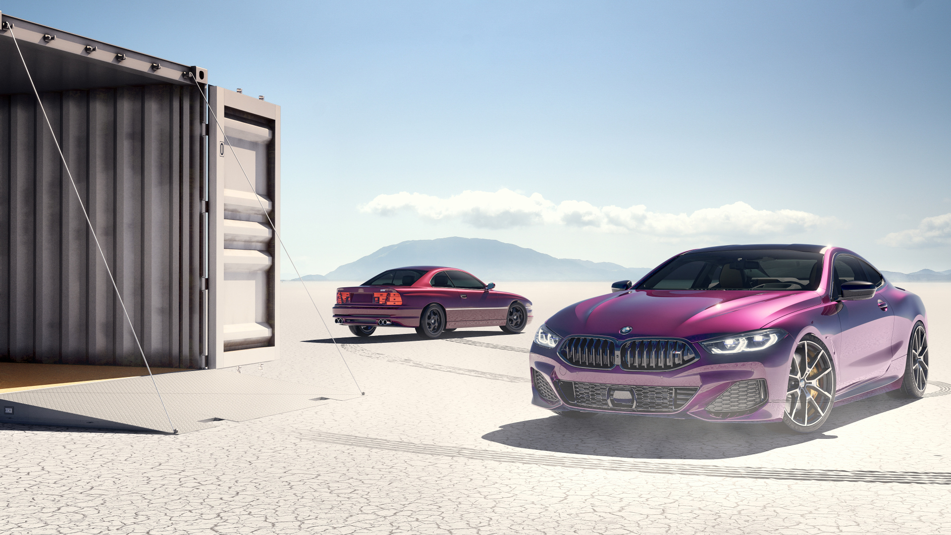 Фиолетовый автомобиль BMW 850i у гаража