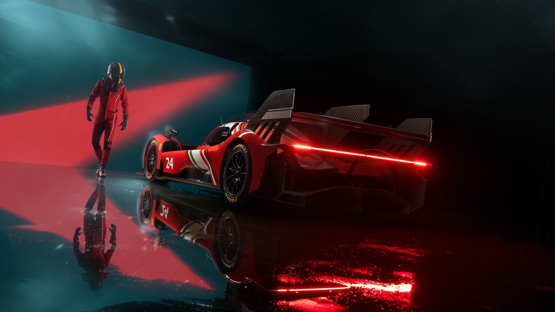 Красный спортивный автомобиль Ferrari 499P Modificata готовится к гонке