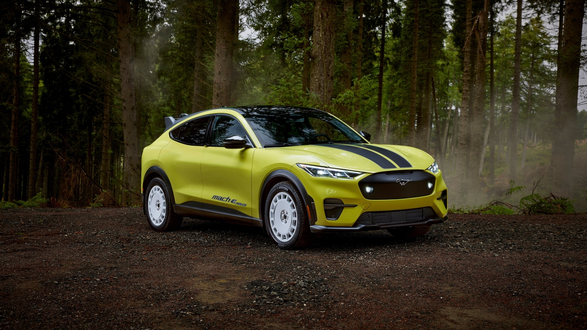 Автомобиль Ford Mustang Mach-E Rally 2024 года в лесу