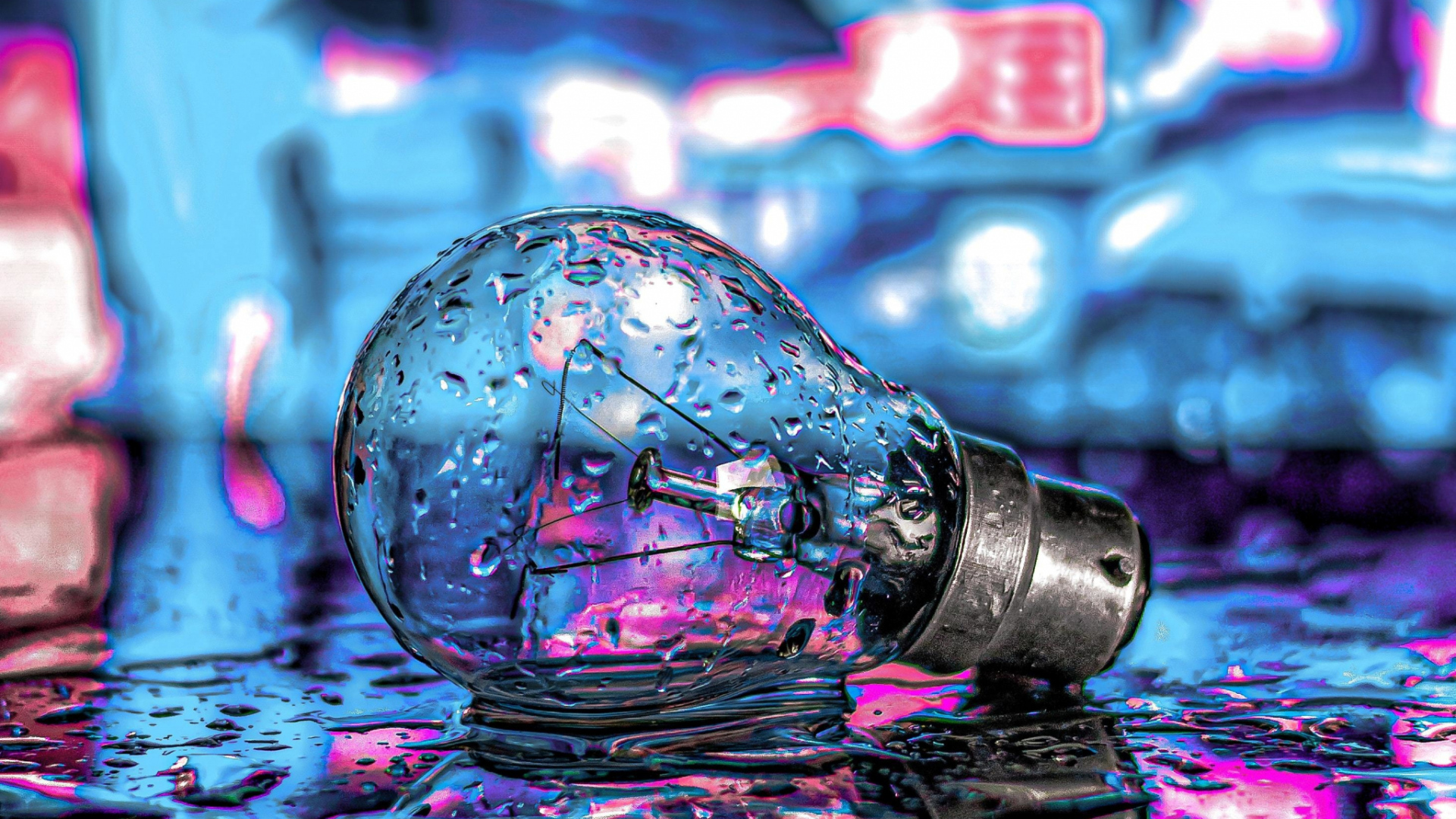 Стеклянная лампочка лежит на мокрой дороге