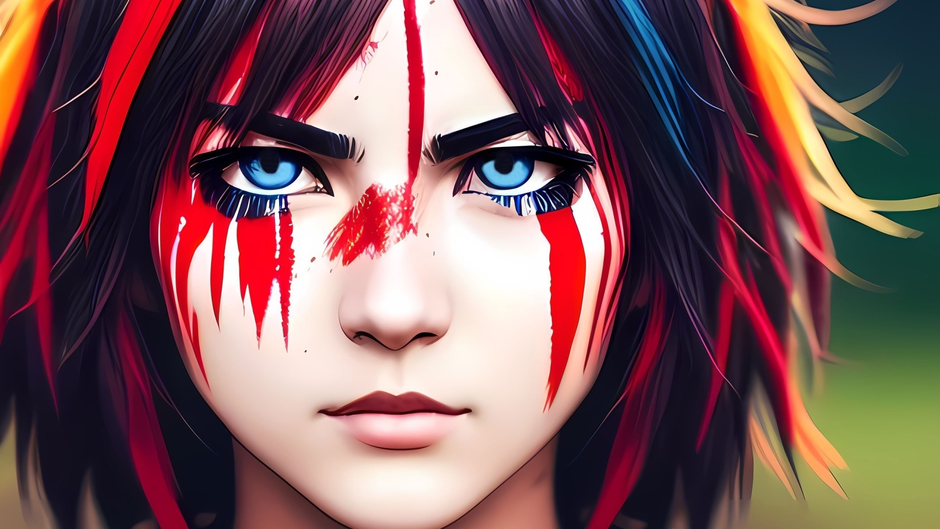 Нарисованная девушка с голубыми глазами с краской на лице