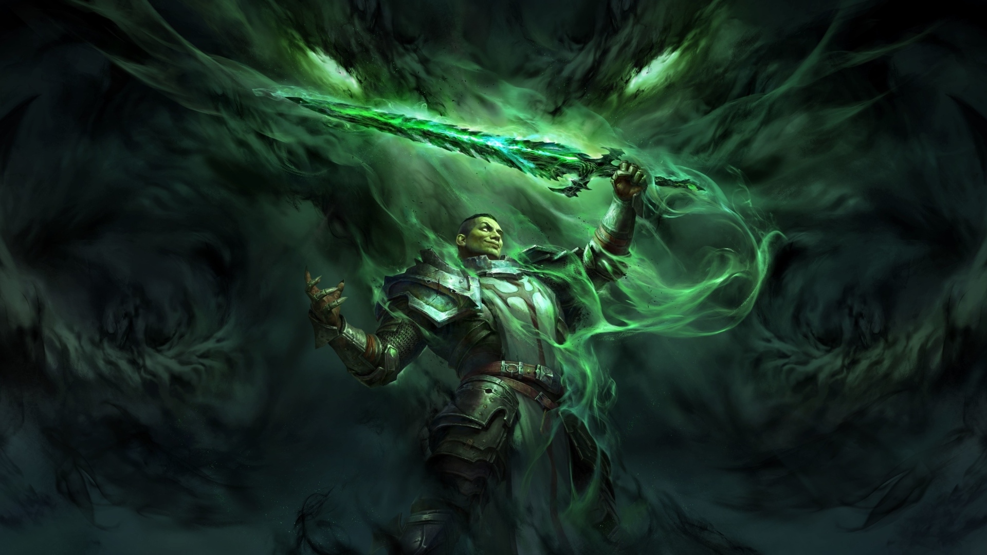 Мужчина с мечом сражается с темными силами