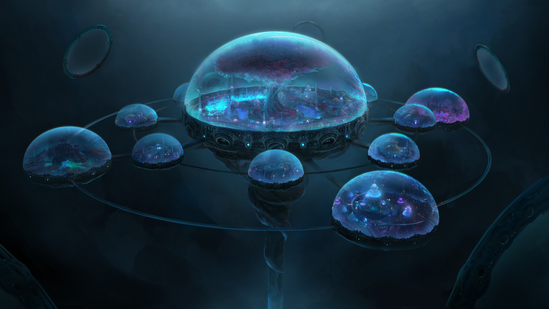 Фантастические города в неоновых сферах