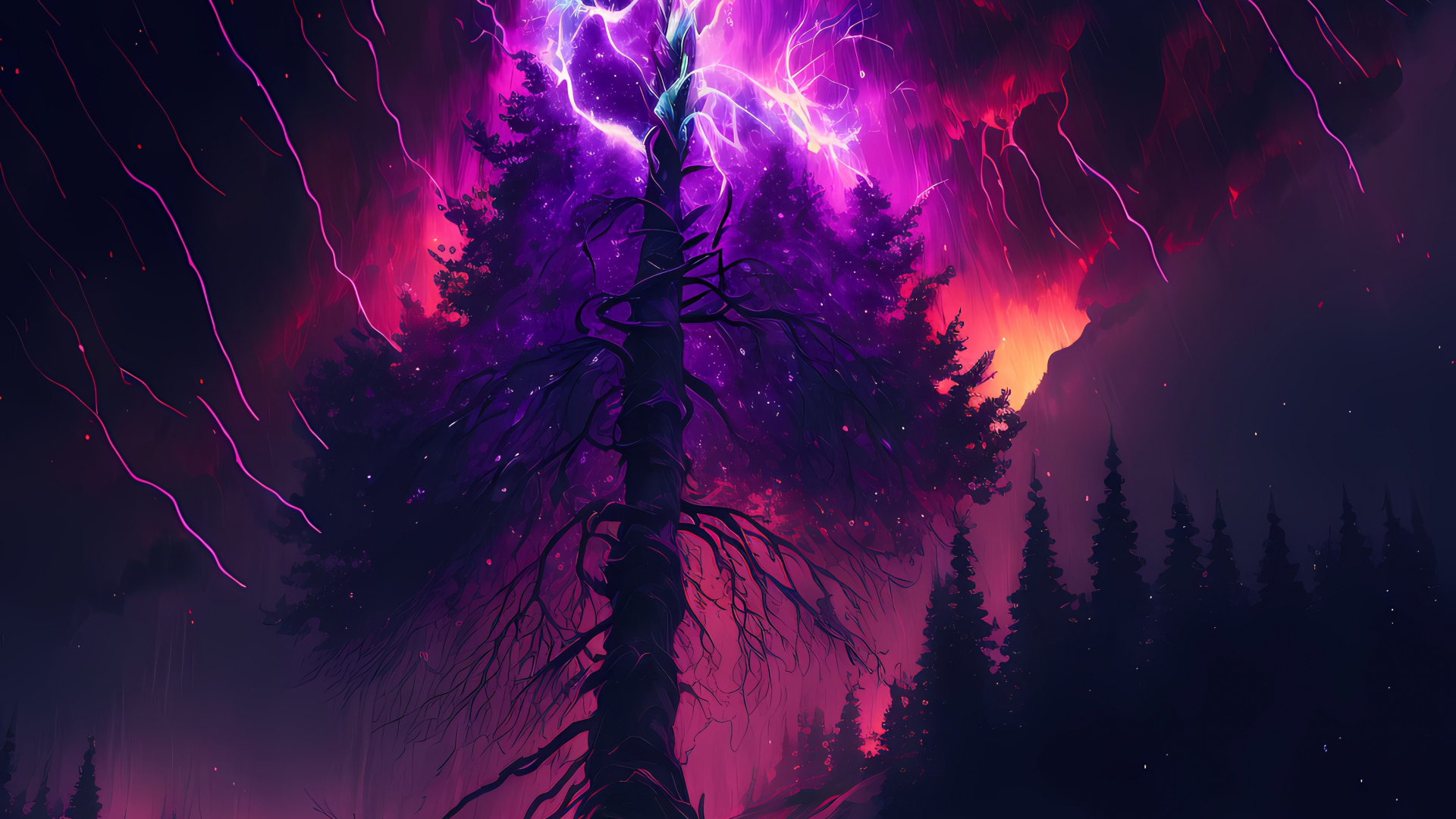 Молния разрывается над старым деревом