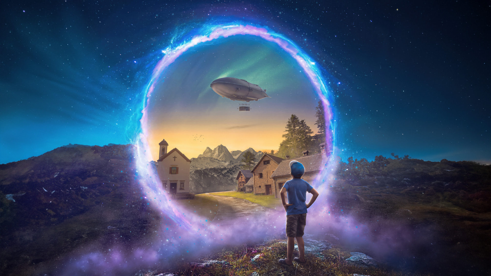 Маленький мальчик смотрит на волшебный мир