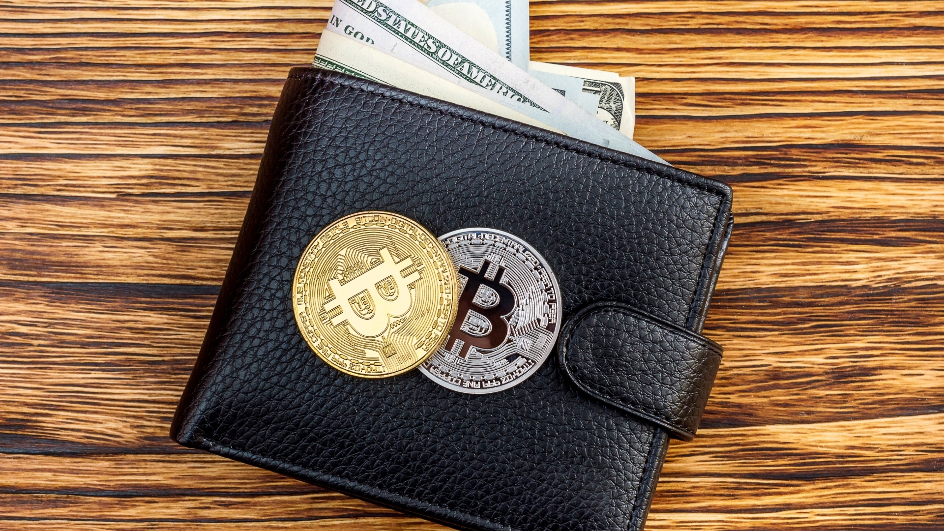Черный кожаный кошелек с долларами и монетами биткоин