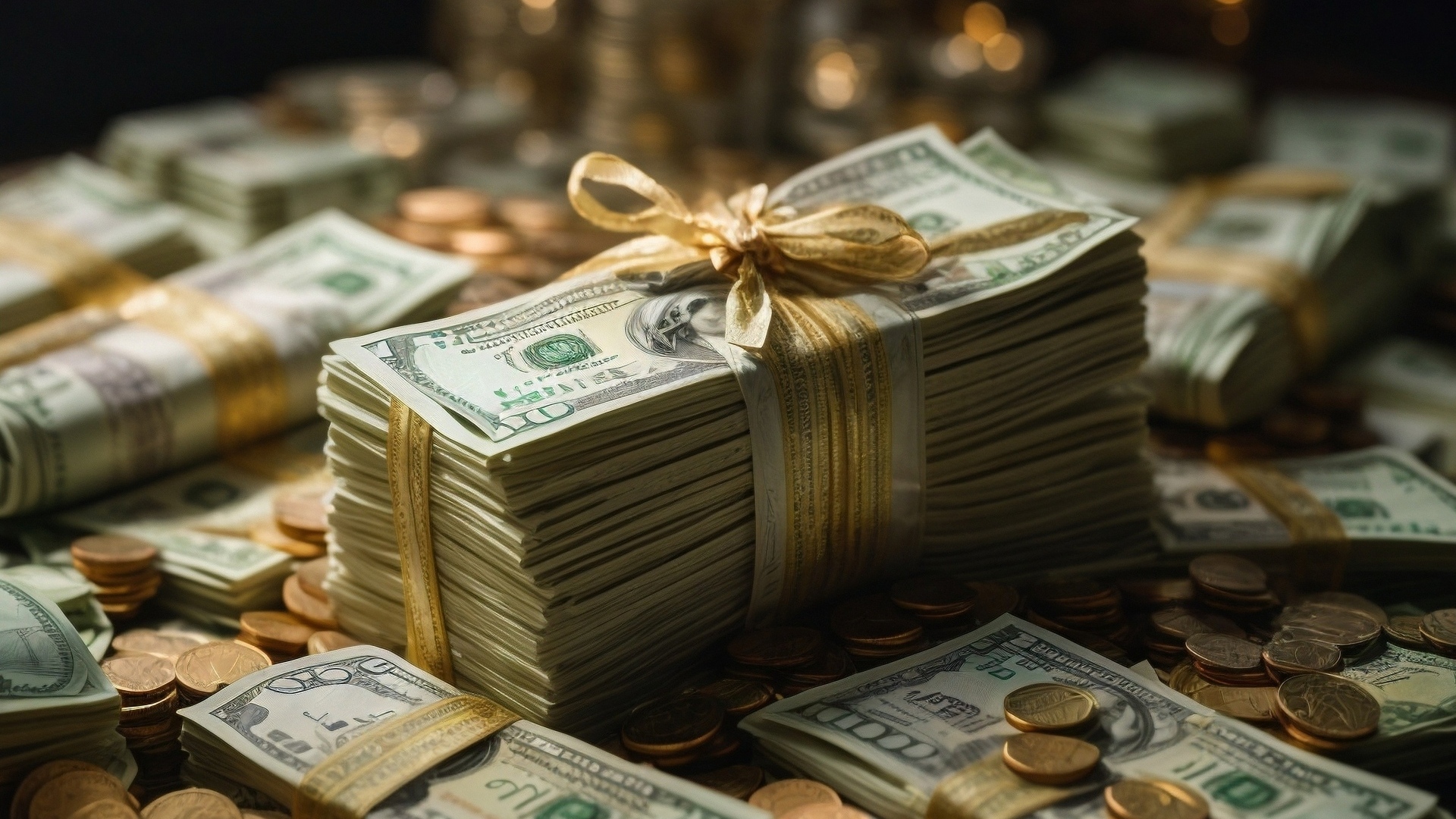 Пачки долларов с монетами перевязаны бантом
