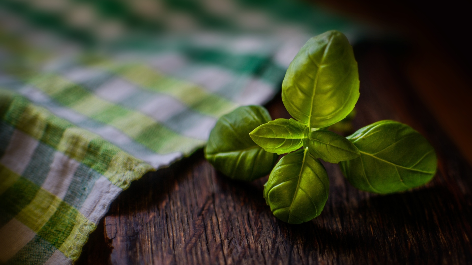 Зеленые листья базилика на столе с полотенцем