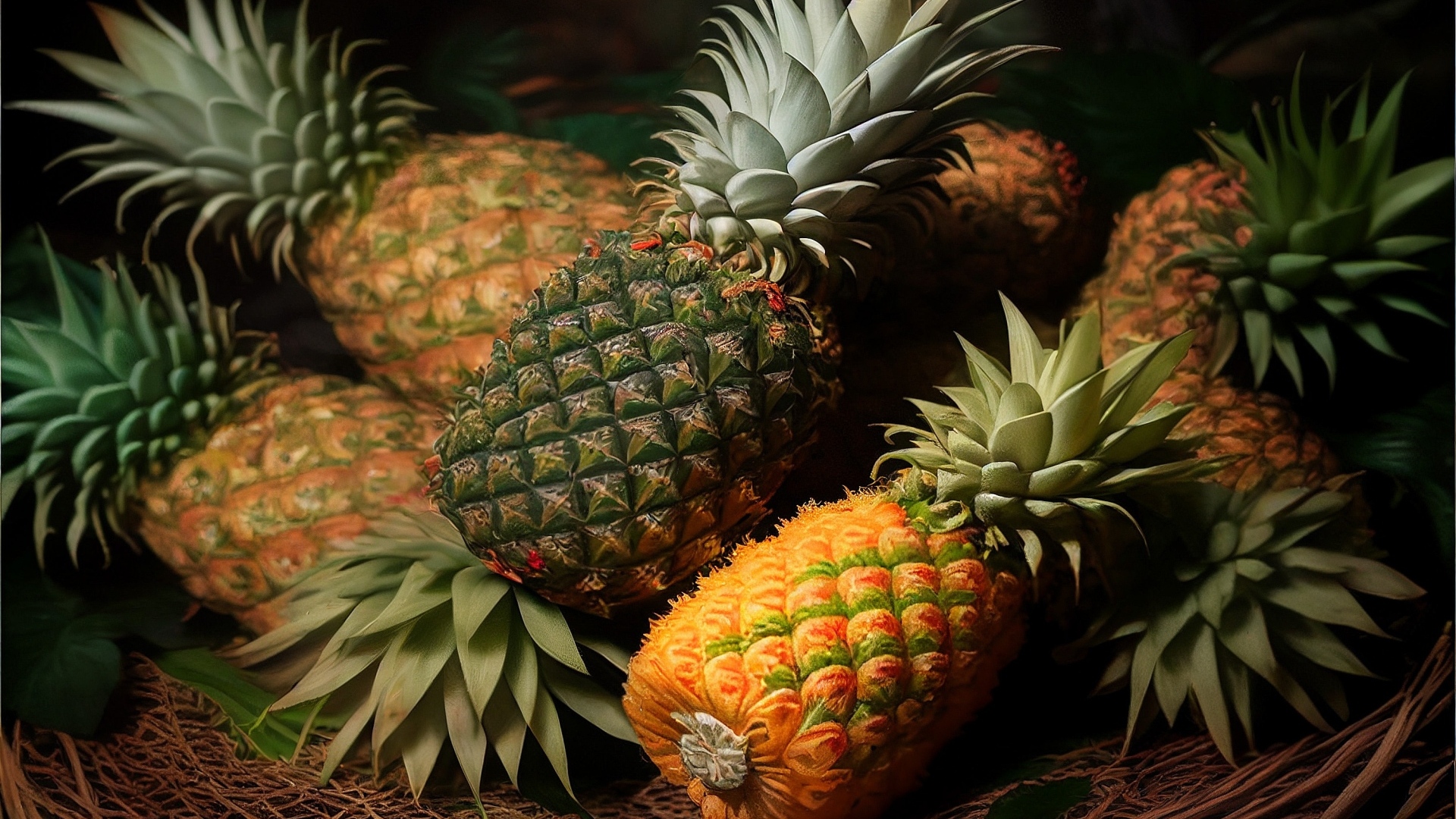 Много спелых ананасов крупным планом