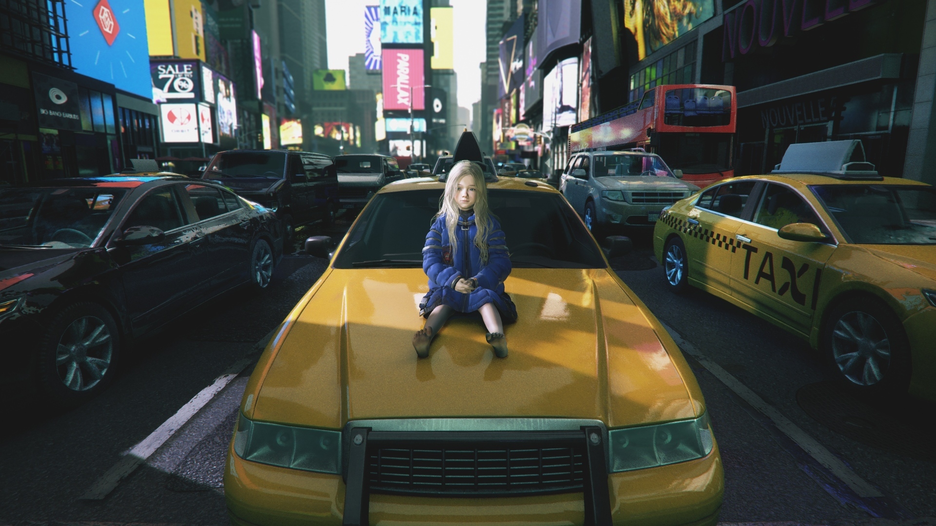 Маленькая девочка сидит на автомобиле, компьютерная игра Pragmata