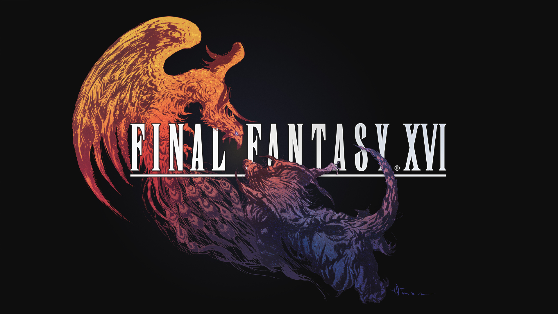 Poster for the computer game Final Fantasy XVI on a black background