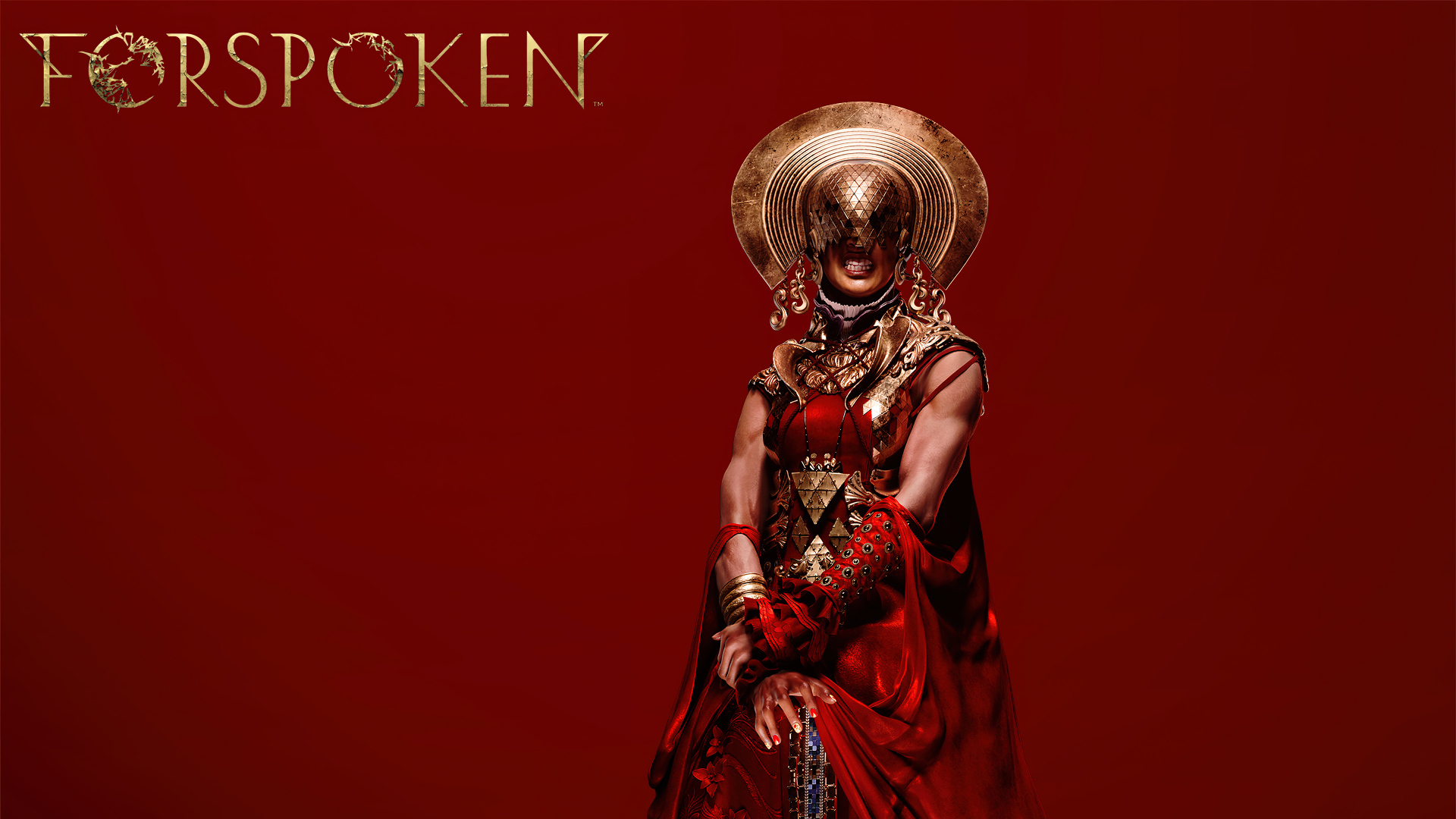 Персонаж компьютерной игры Forspoken на красном фоне