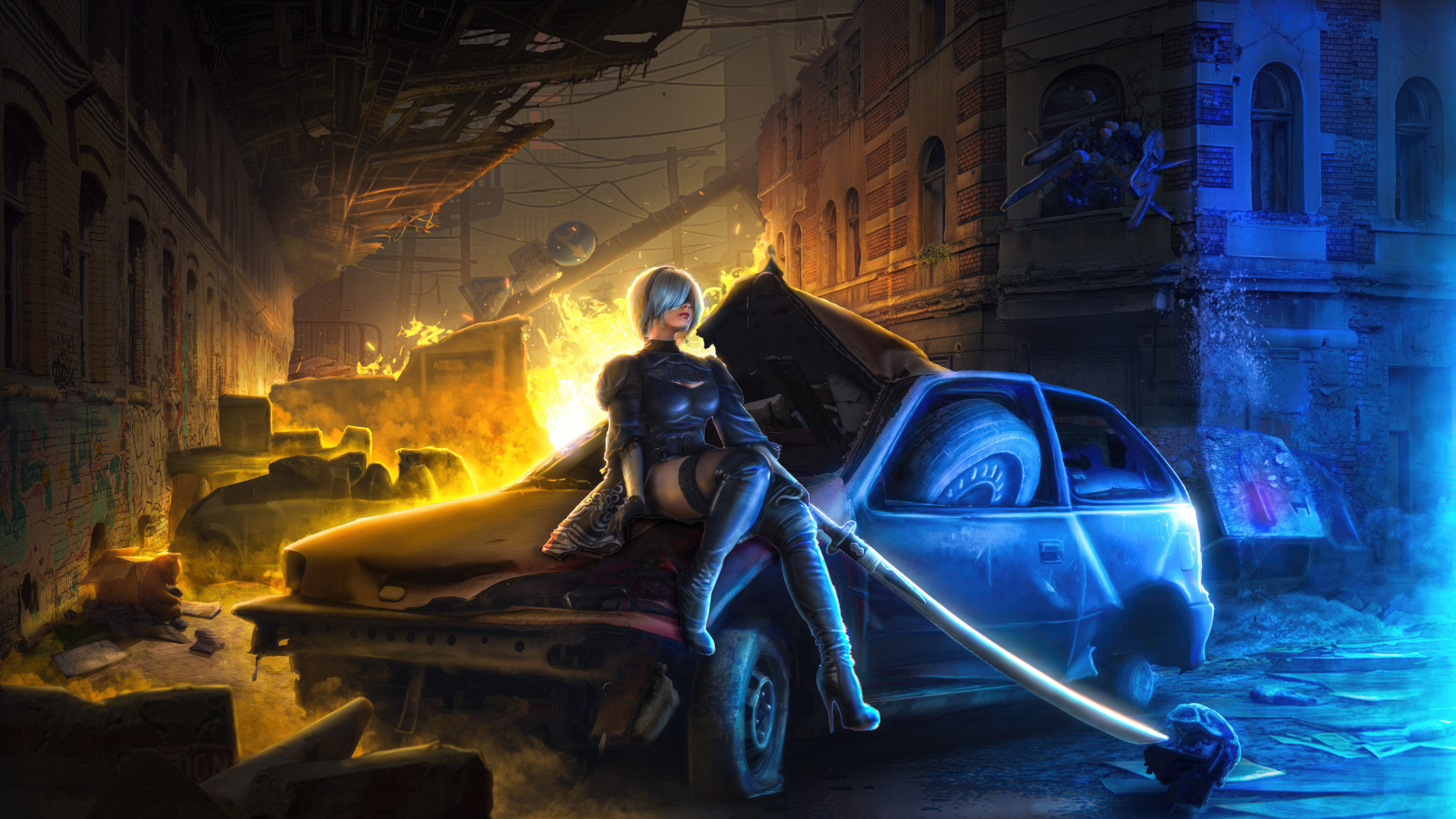 Девушка 3д сидит на разбитой машине