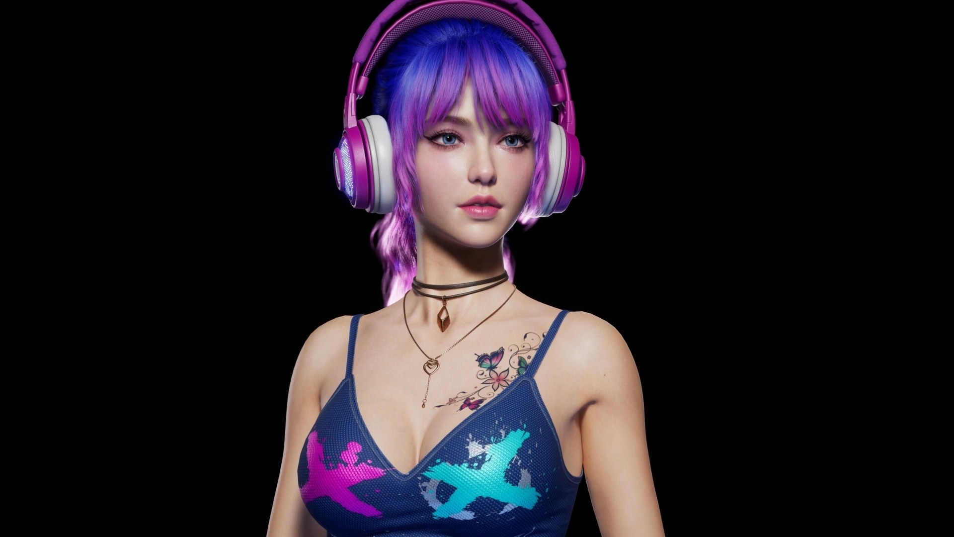 Девушка 3д с наушниками на голове на черном фоне