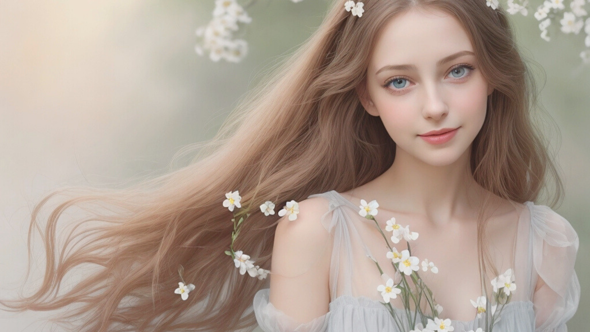 Красивая голубоглазая длинноволосая девушка в белых цветах