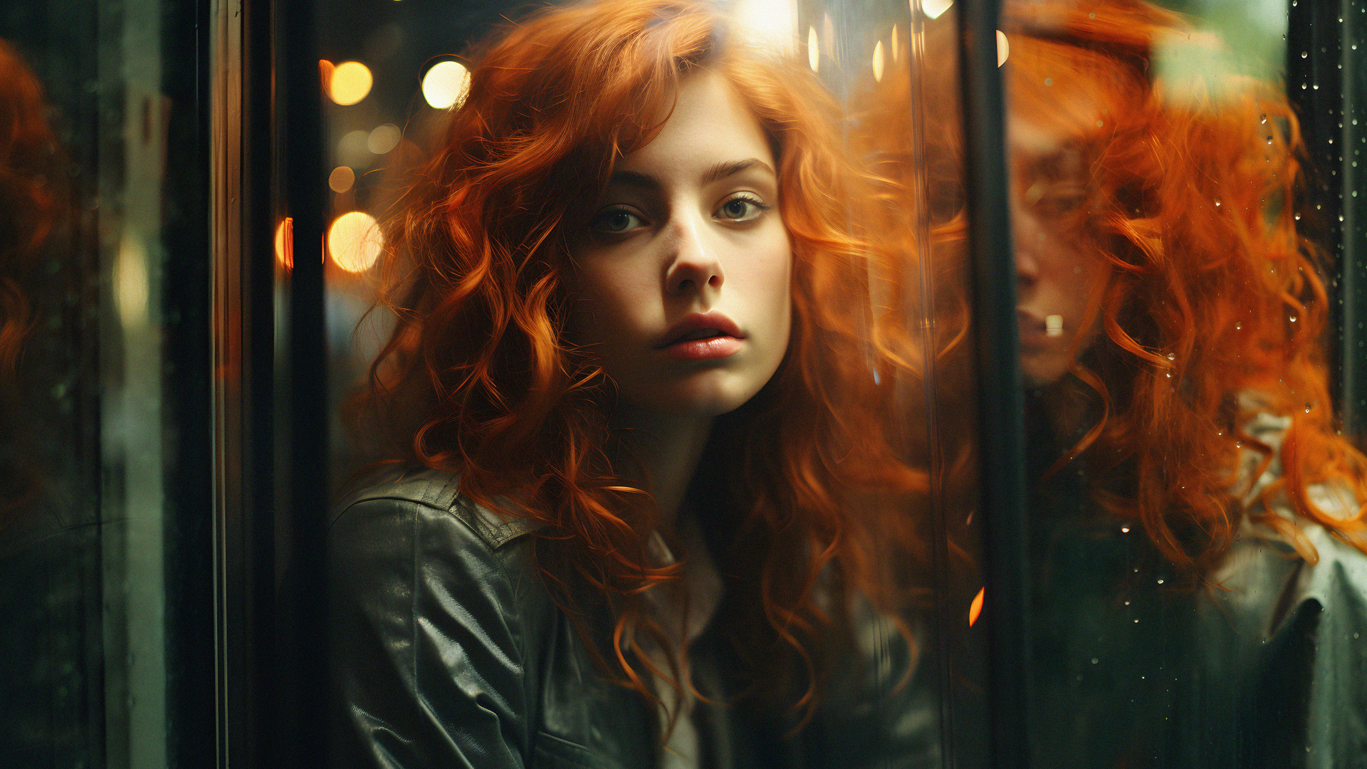 Красивая рыжеволосая девушка отражается в окне