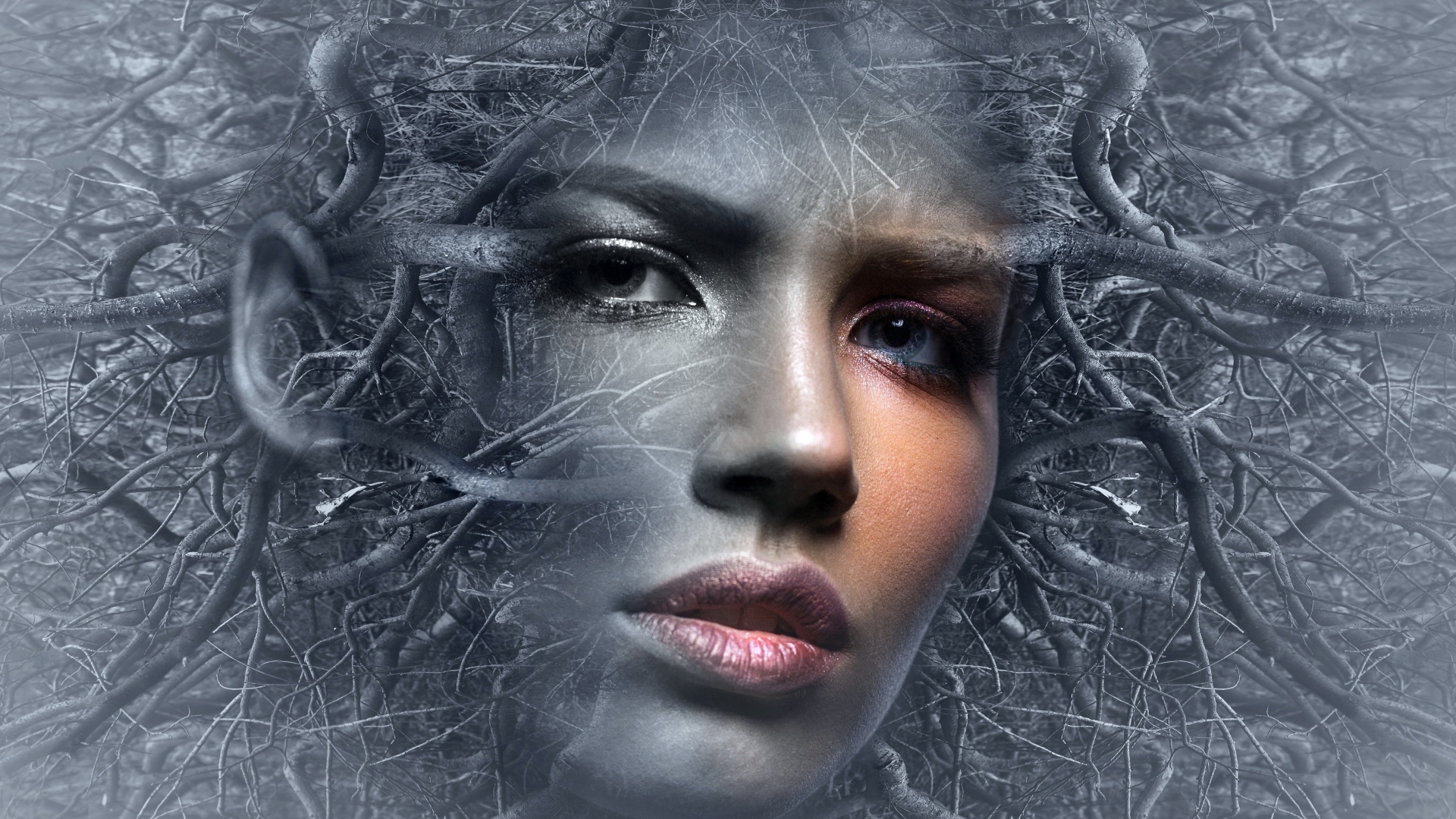 Лицо девушки в ветках дерева