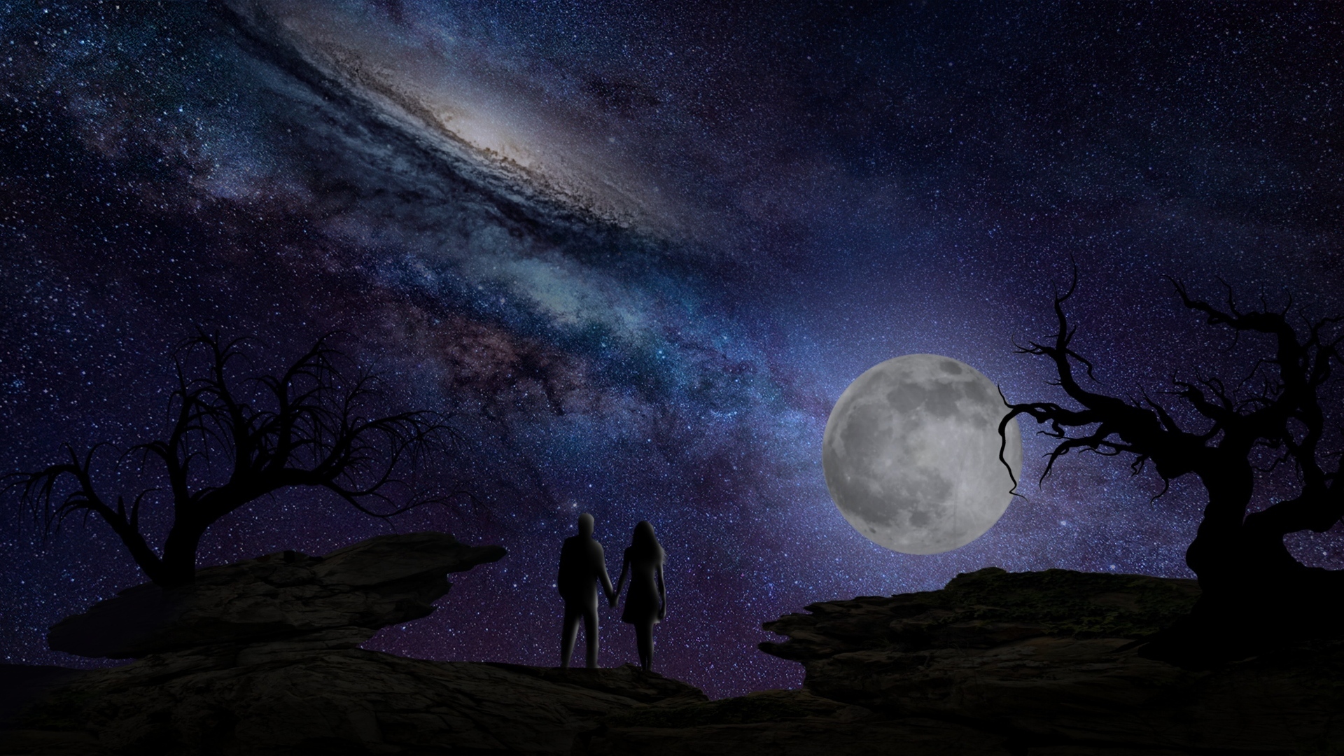 Влюбленная пара на фоне луны и красивого неба