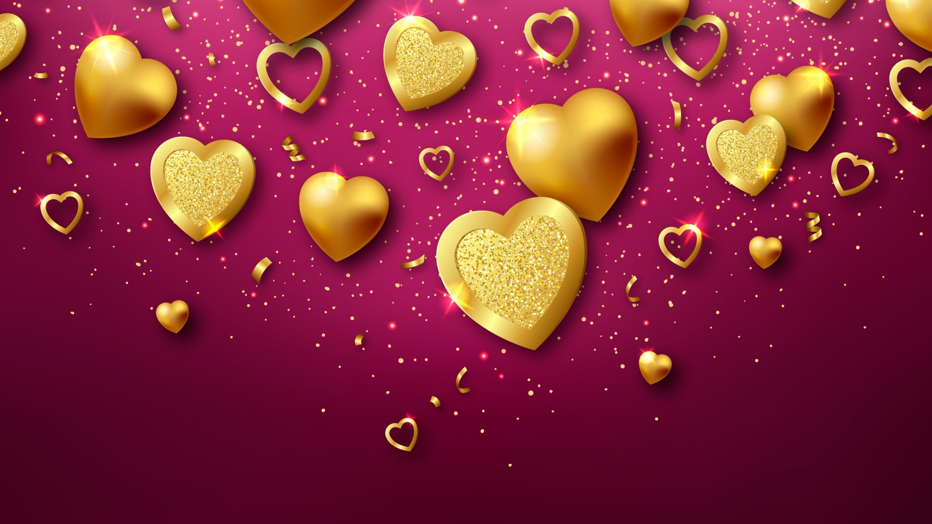 Золотые сердечки на красном фоне