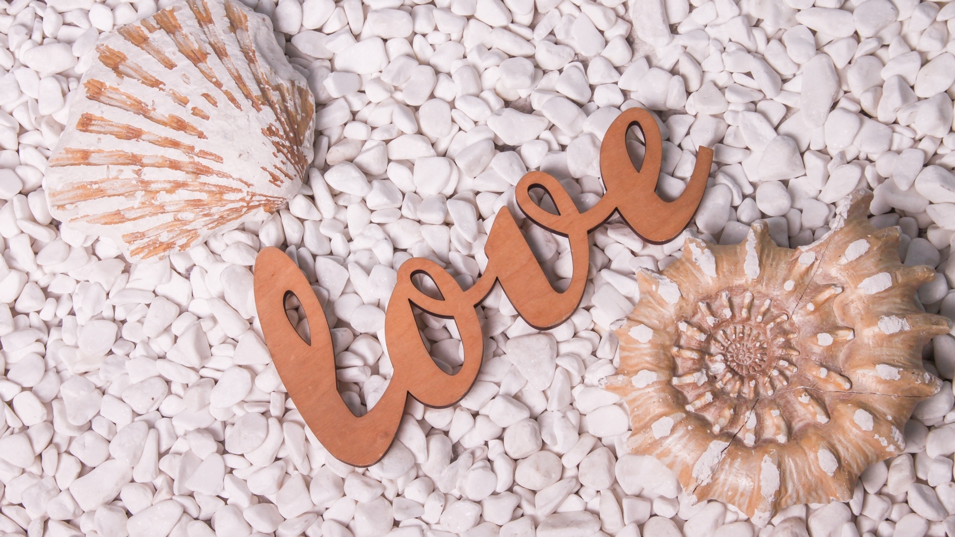 Ракушки и надпись любовь на белых камнях