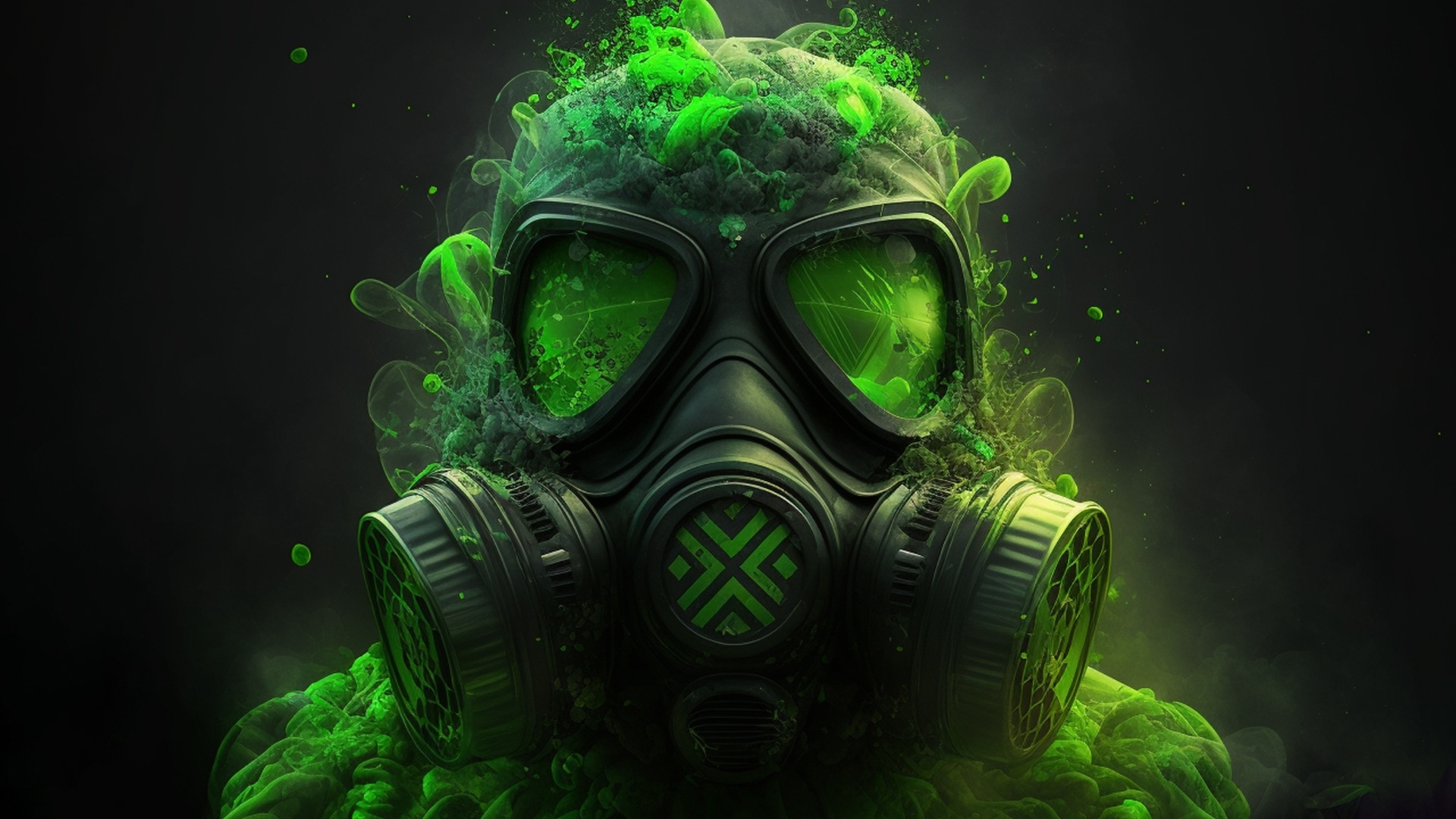 Мужчина в противогазе с зеленым ядовитым дымом