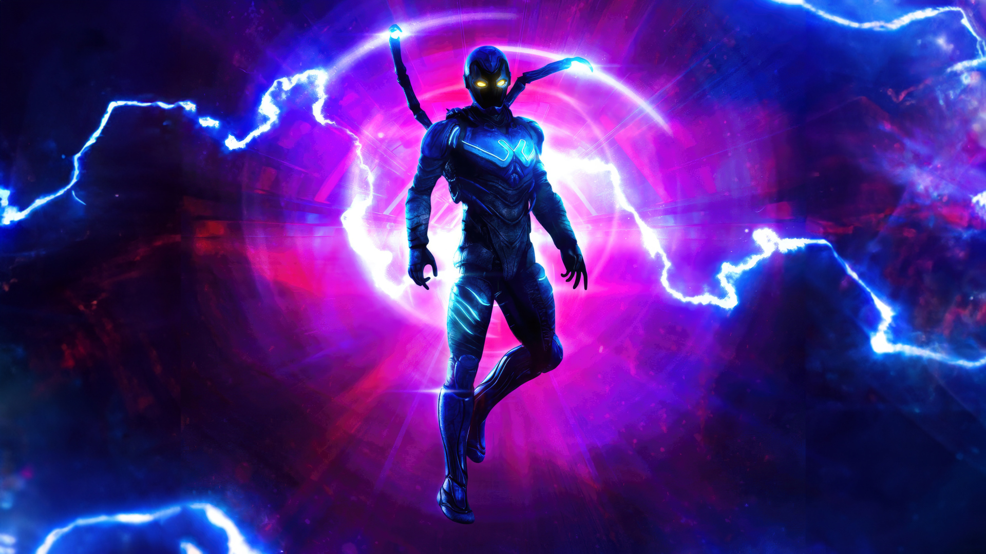 Супергерой Синий Жук на фоне молнии