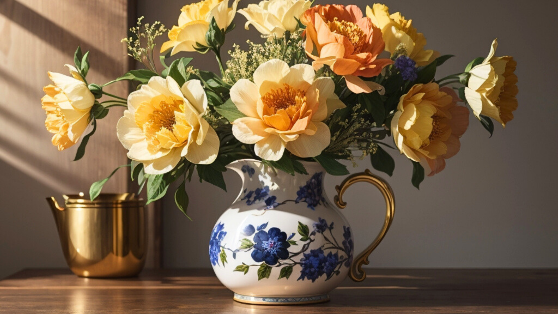 Букет красивых оранжевых цветов в кувшине на столе