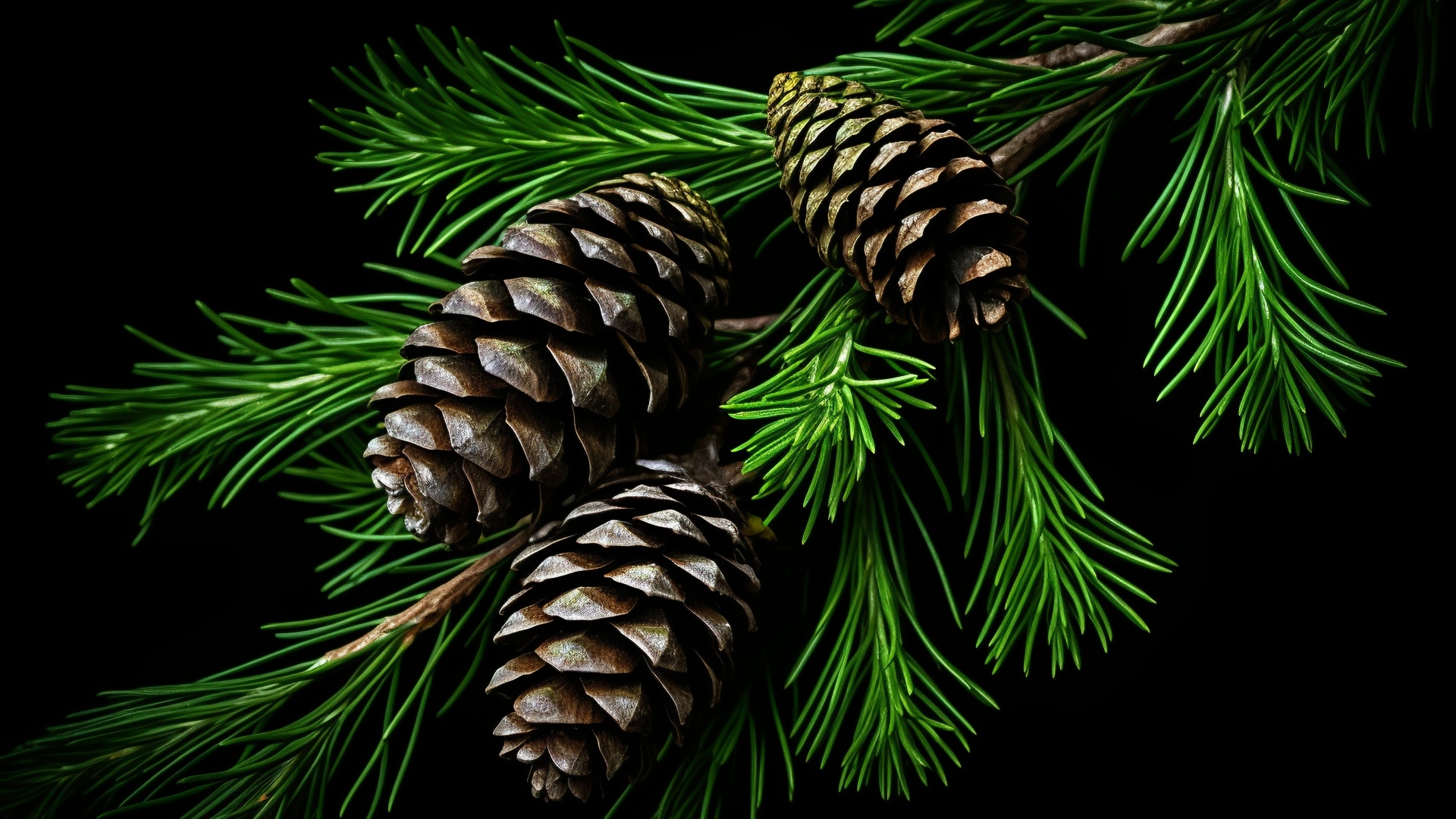 Большие шишки на зеленой ветке ели на черном фоне