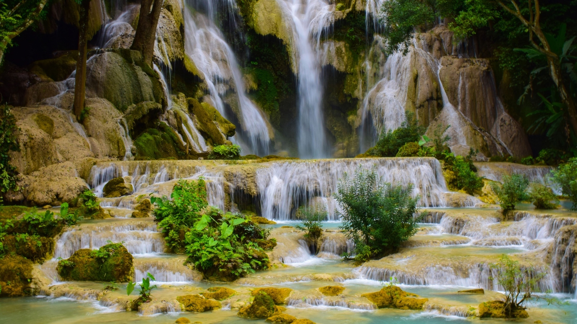 Красивый высокий водопад в лесу