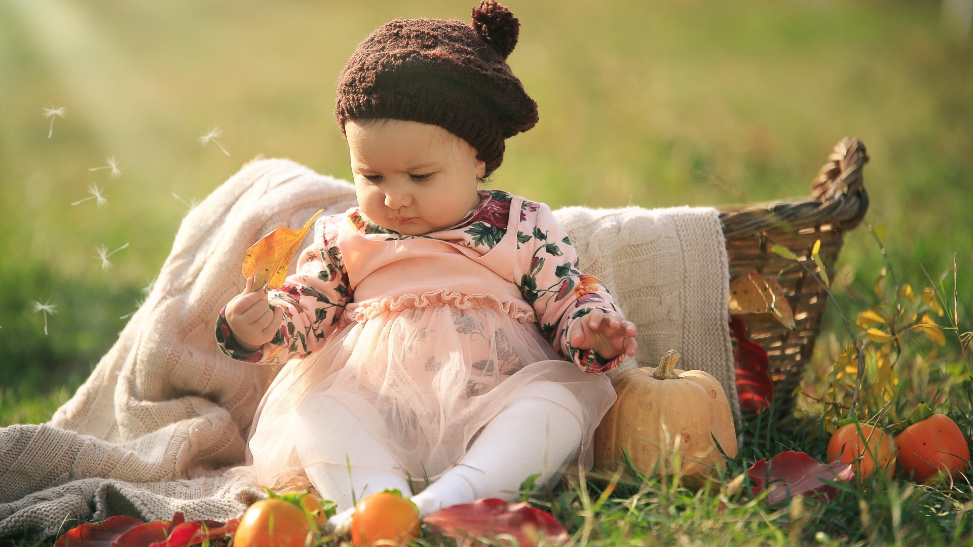 Смешная маленькая девочка сидит на траве с тыквой