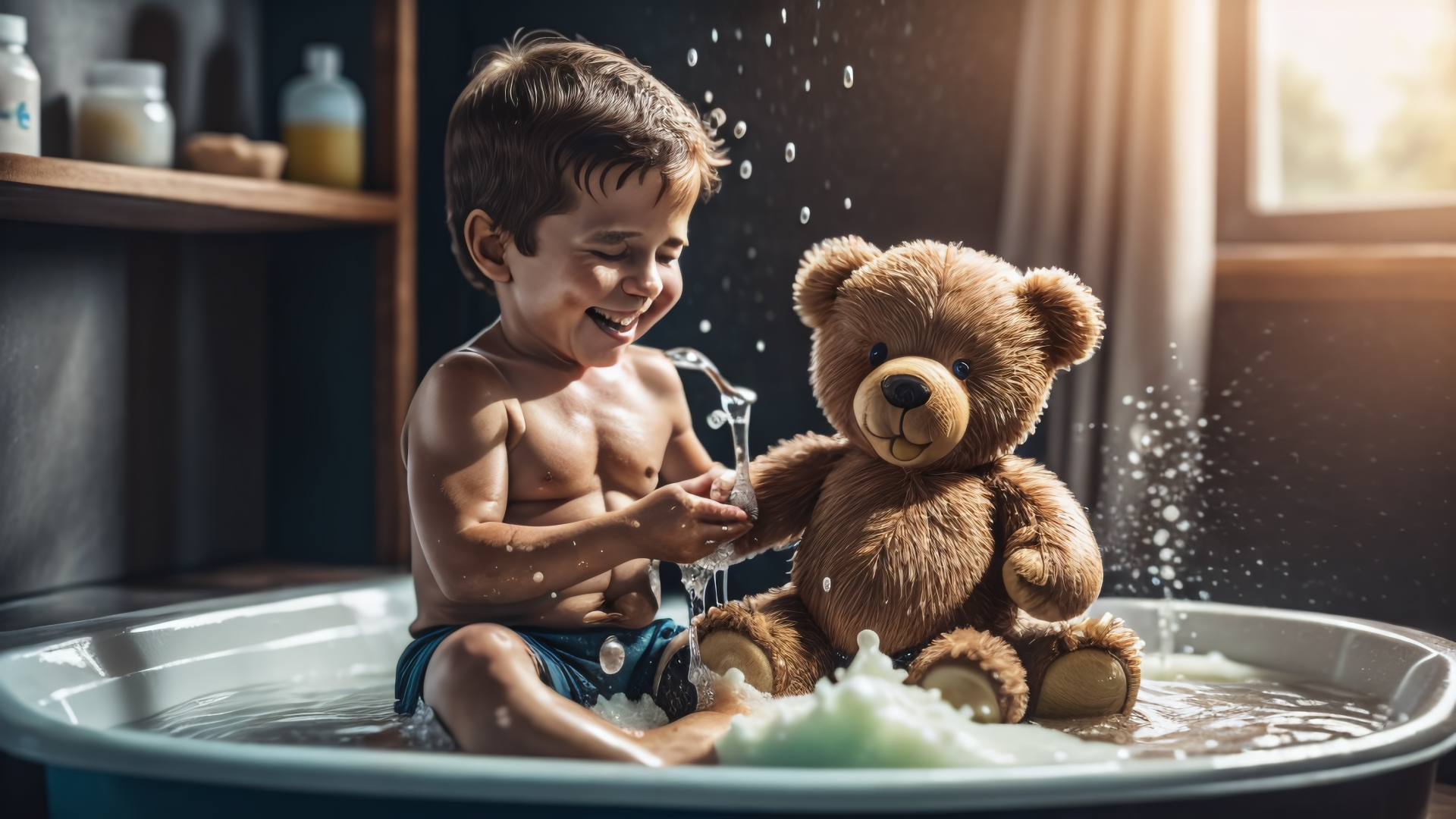 Маленький мальчик купается с игрушкой