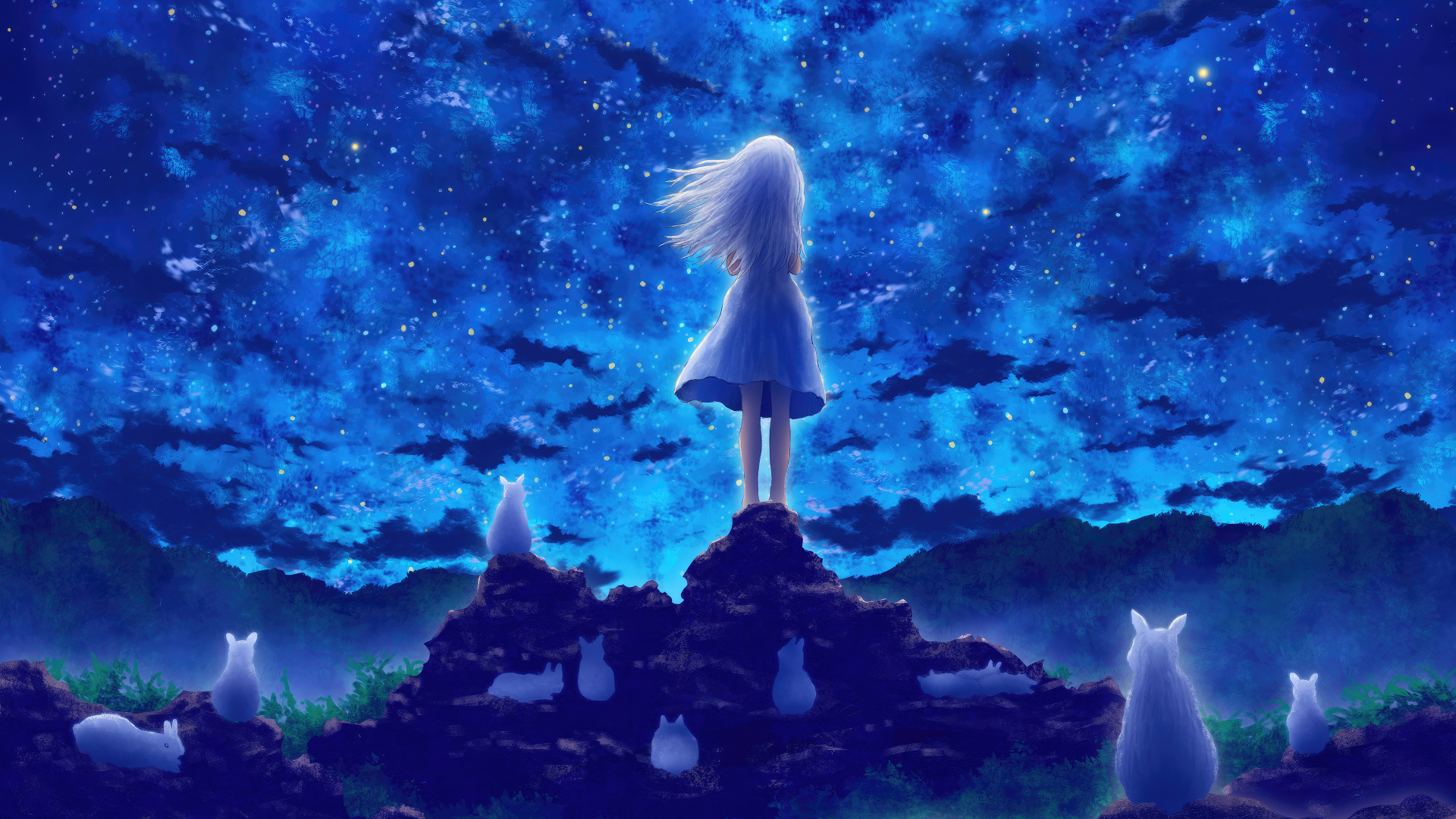 Маленькая девочка смотрит на небо, аниме