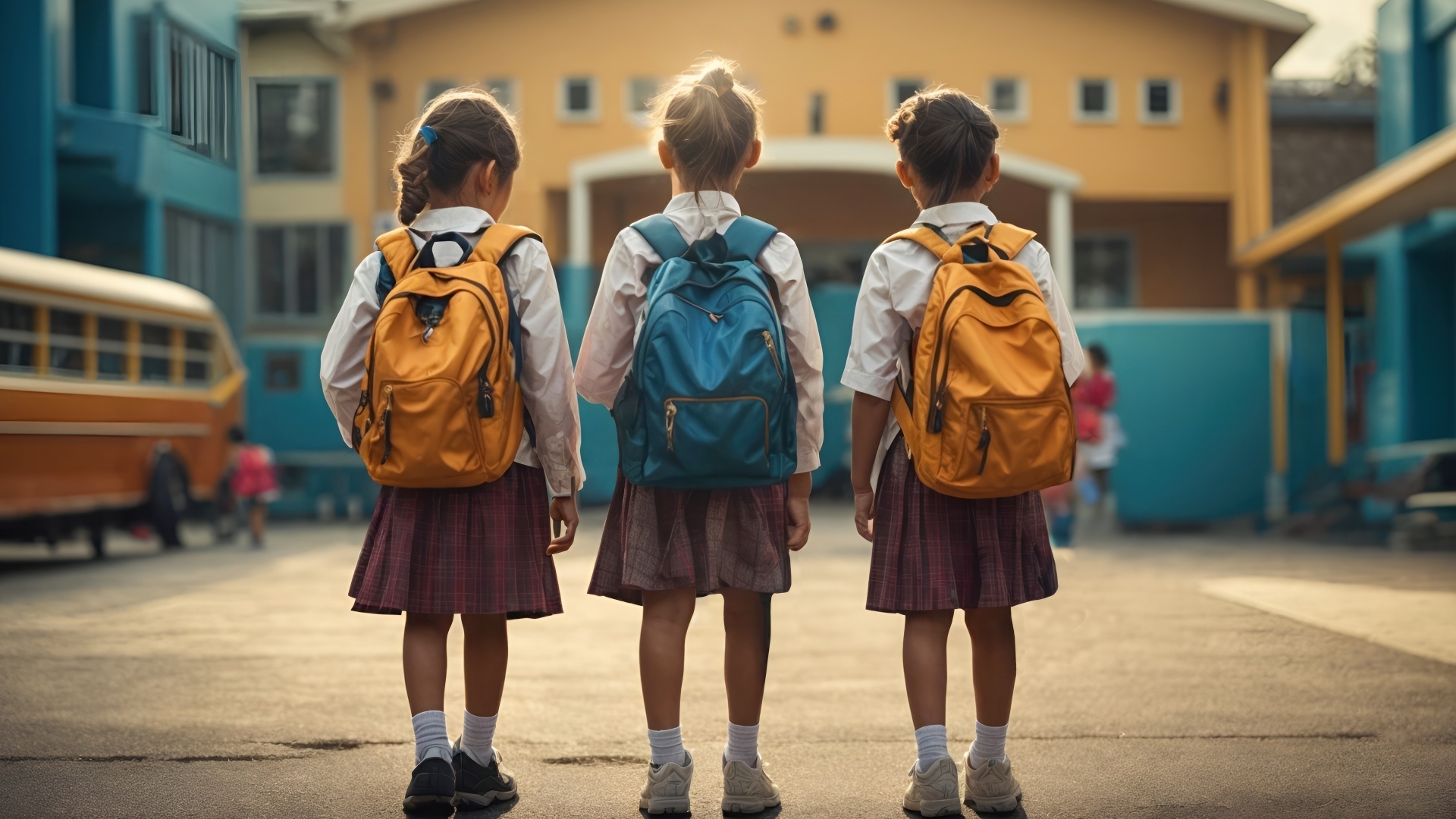 Три маленькие девочки школьницы с рюкзаками